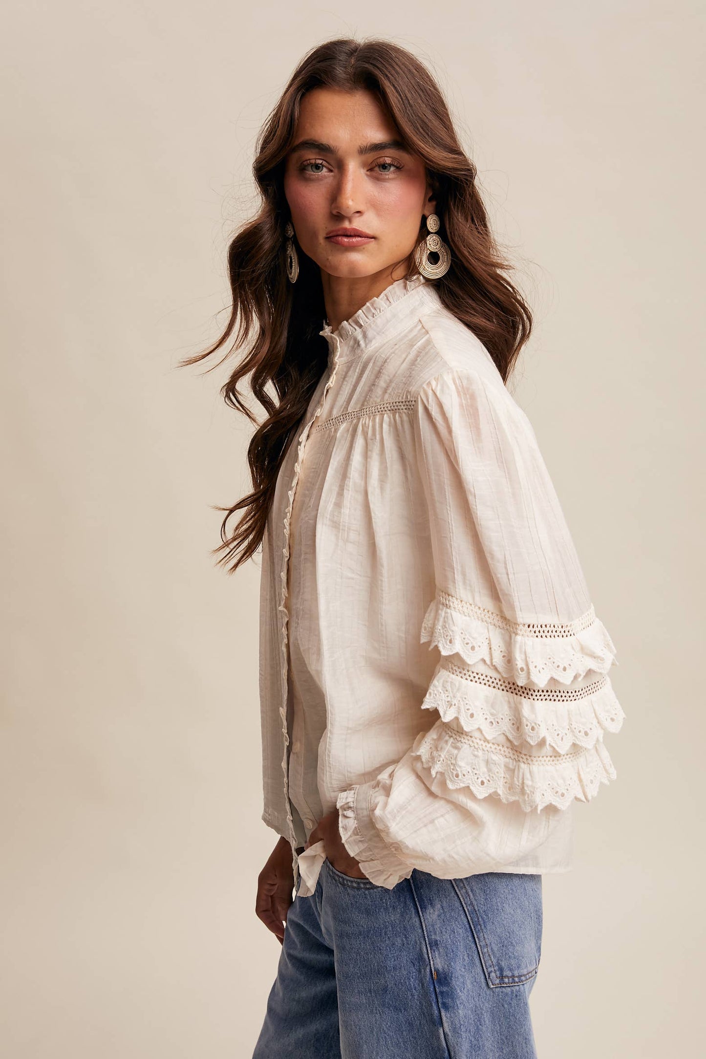 ELIZABETH- Lace Ruffle Sleeve Pintuck Blouse