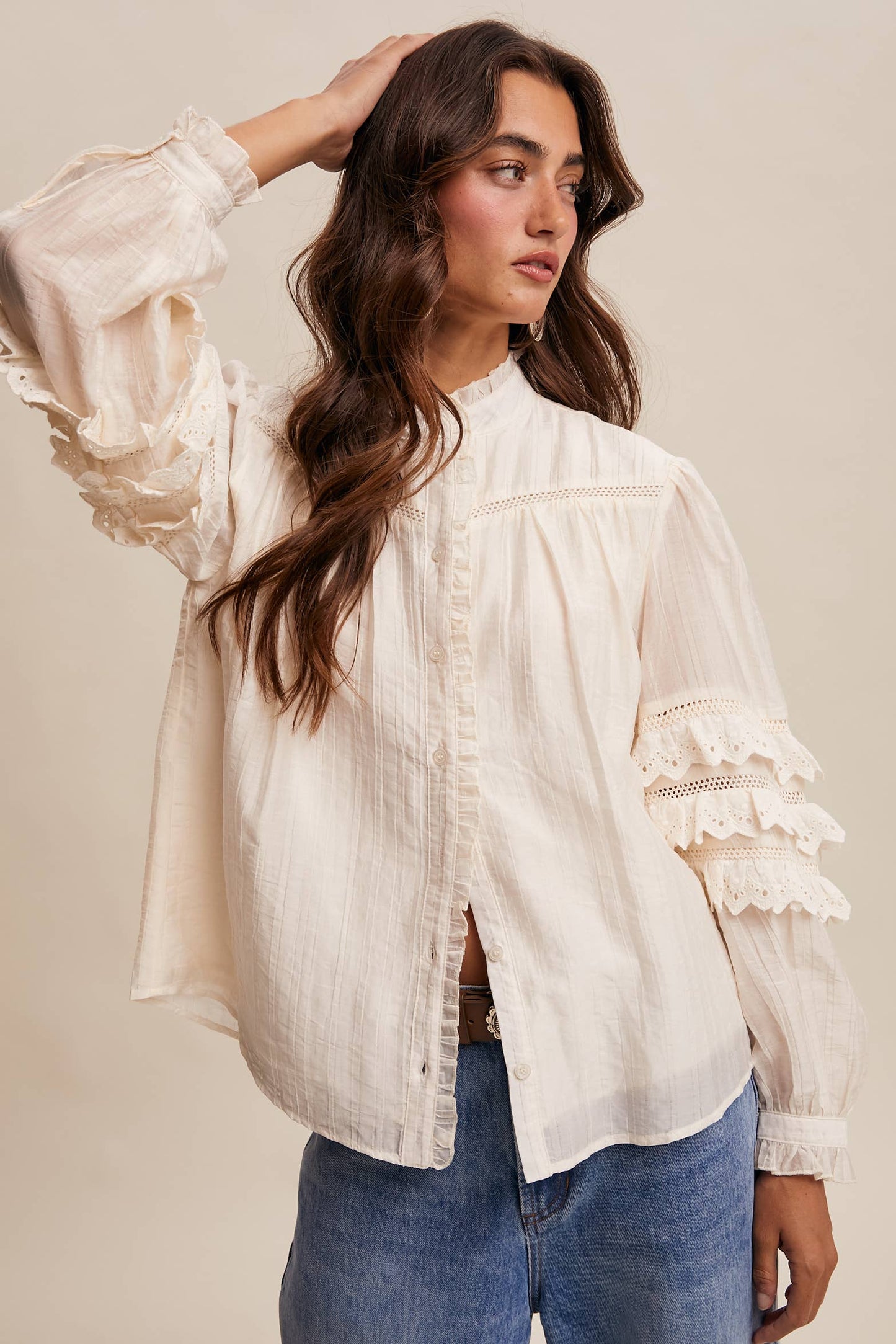 ELIZABETH- Lace Ruffle Sleeve Pintuck Blouse