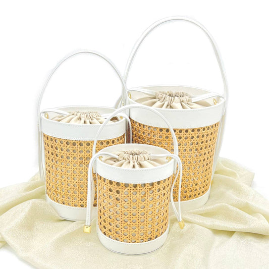 Summer collection leather and vienna straw bucket bag, small size, Made in Italy