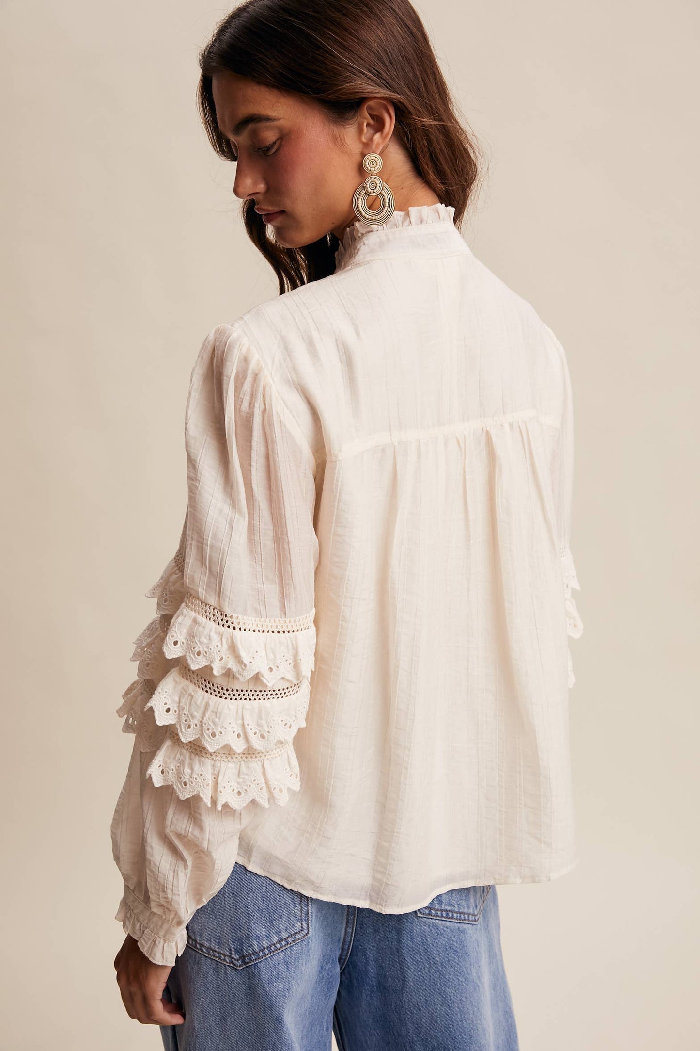 ELIZABETH- Lace Ruffle Sleeve Pintuck Blouse
