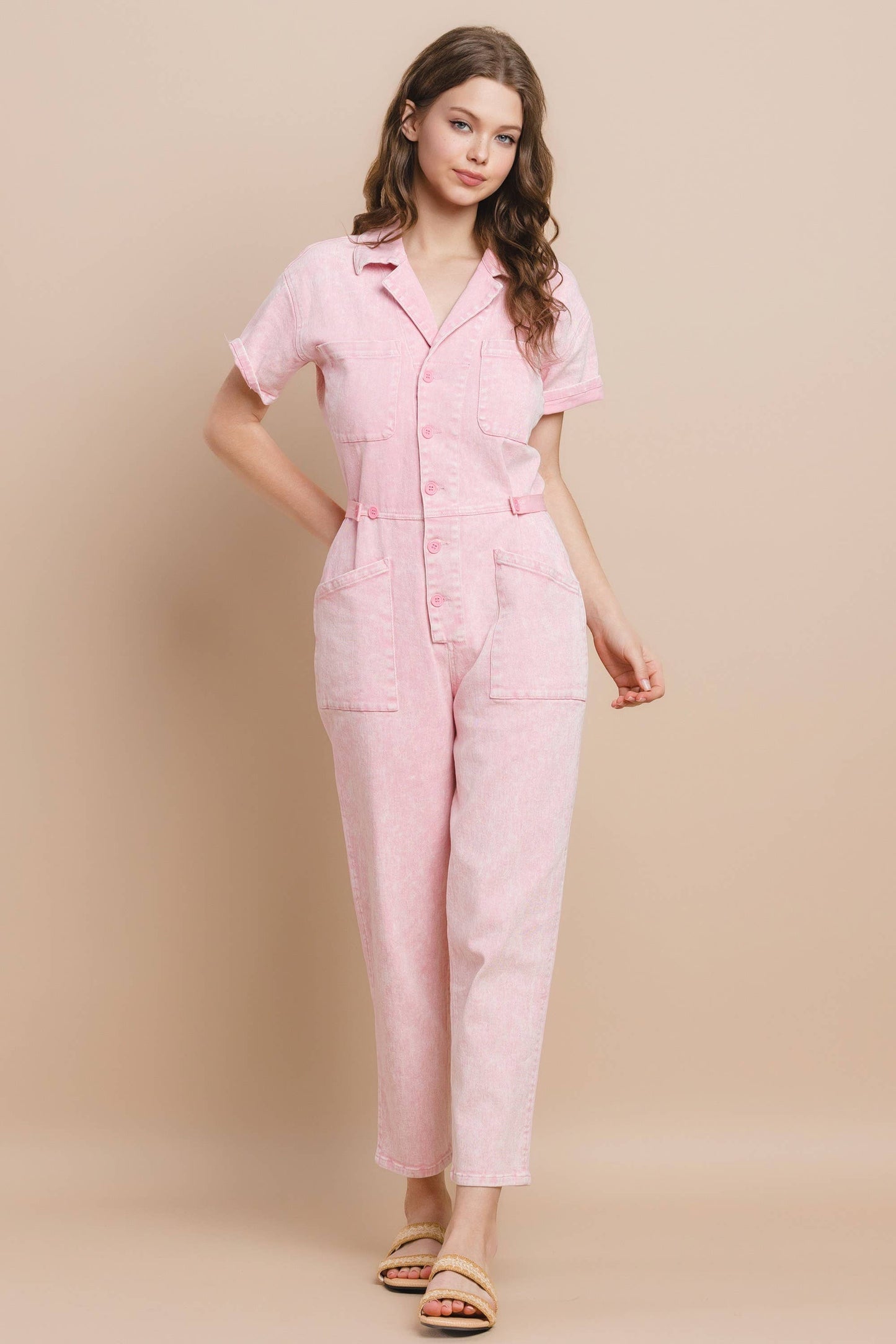 ROXANNE: Acid Wash Jumpsuit: Rose