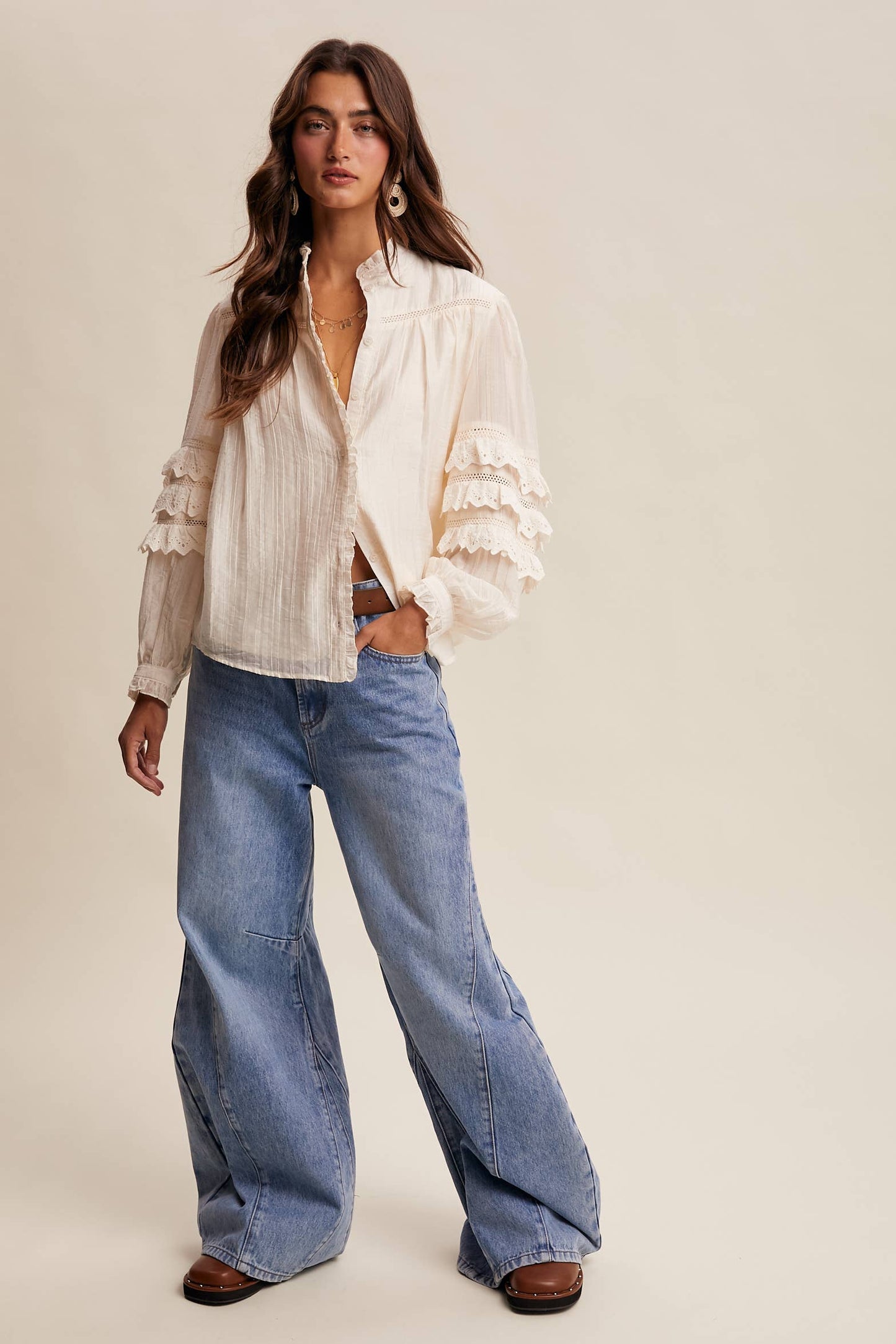 ELIZABETH- Lace Ruffle Sleeve Pintuck Blouse