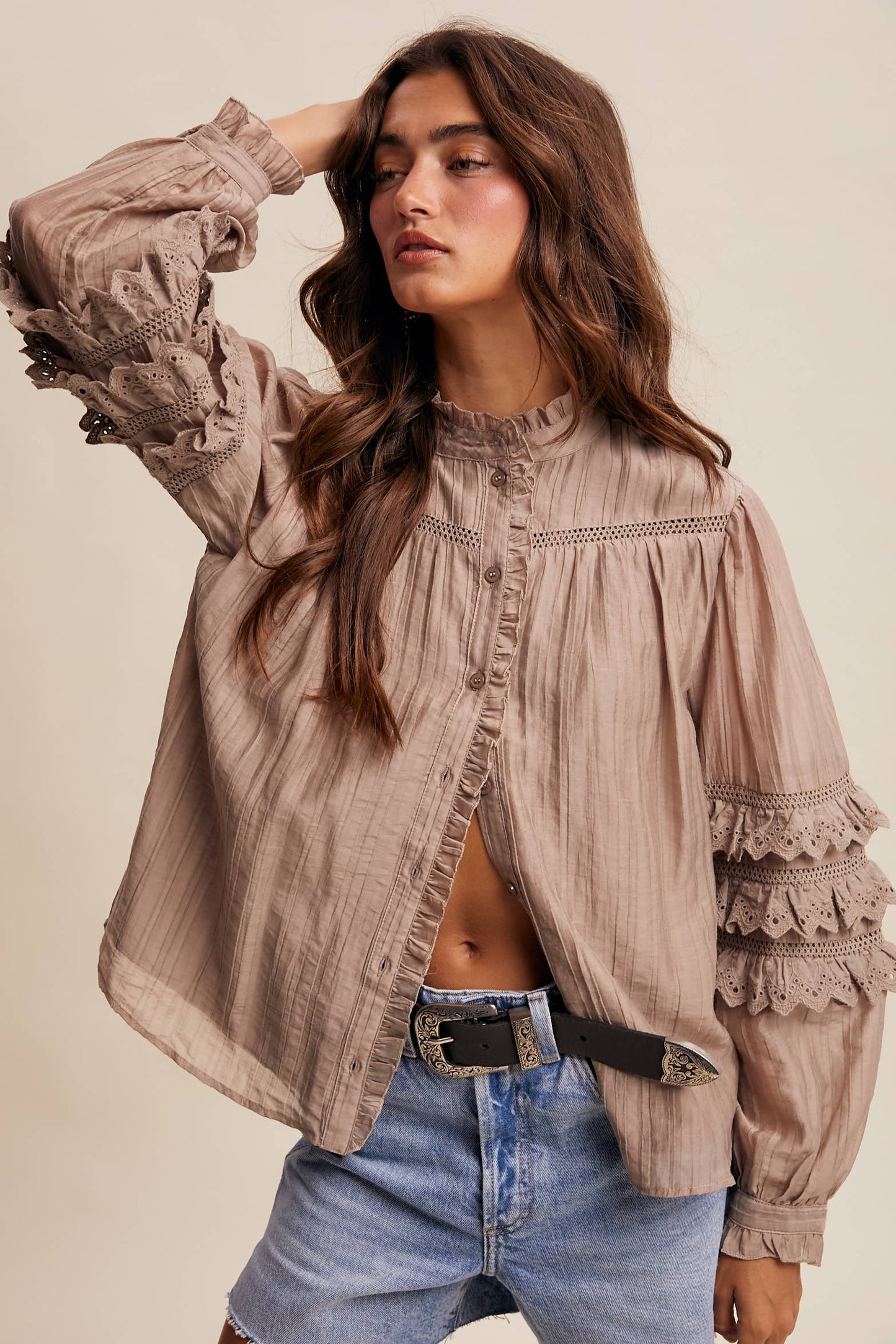 ELIZABETH- Lace Ruffle Sleeve Pintuck Blouse