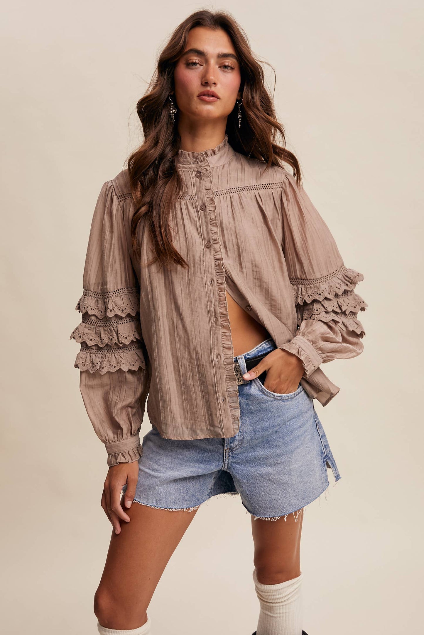 ELIZABETH- Lace Ruffle Sleeve Pintuck Blouse