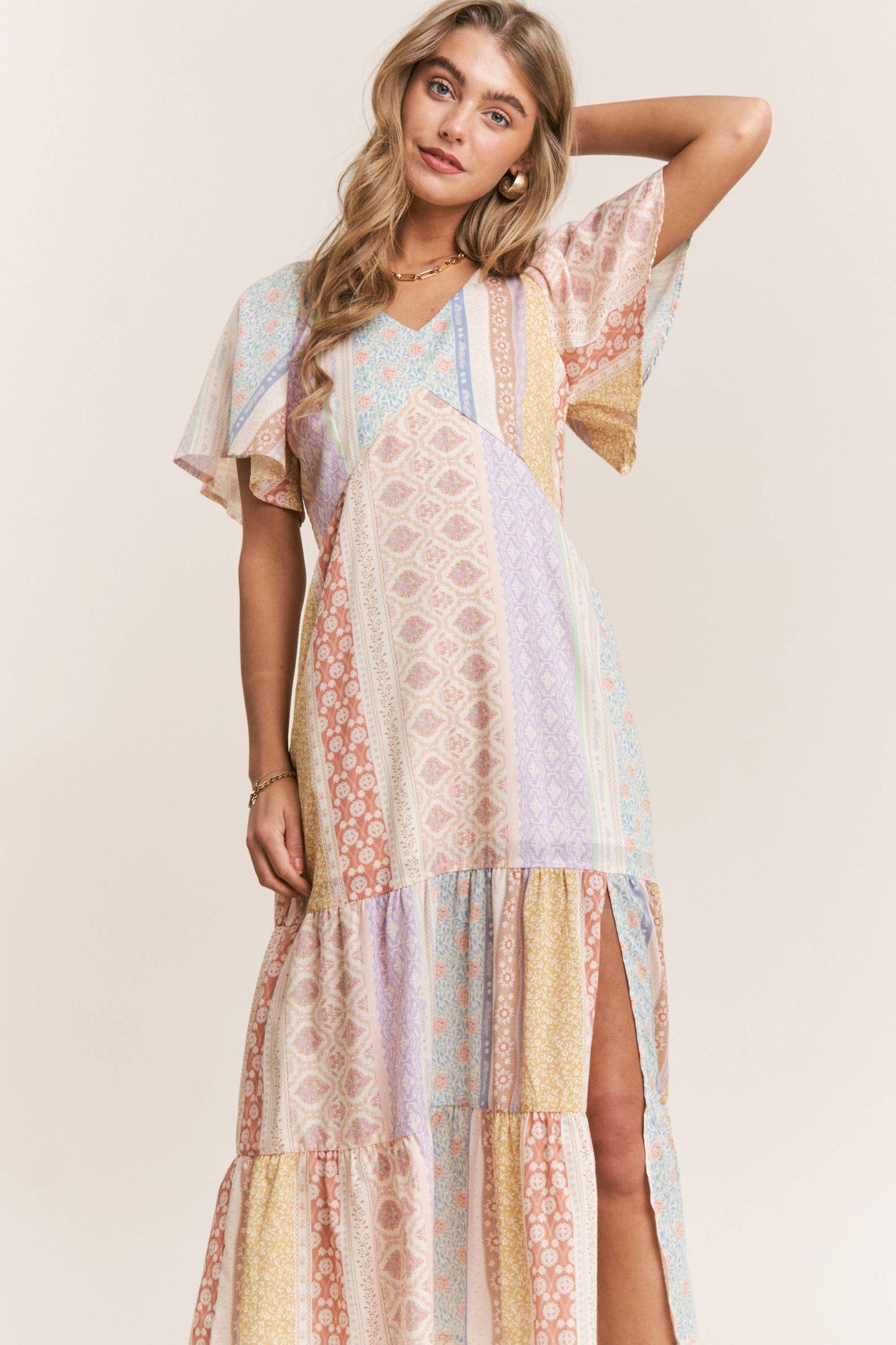Patch-work V-neck Midi Dress