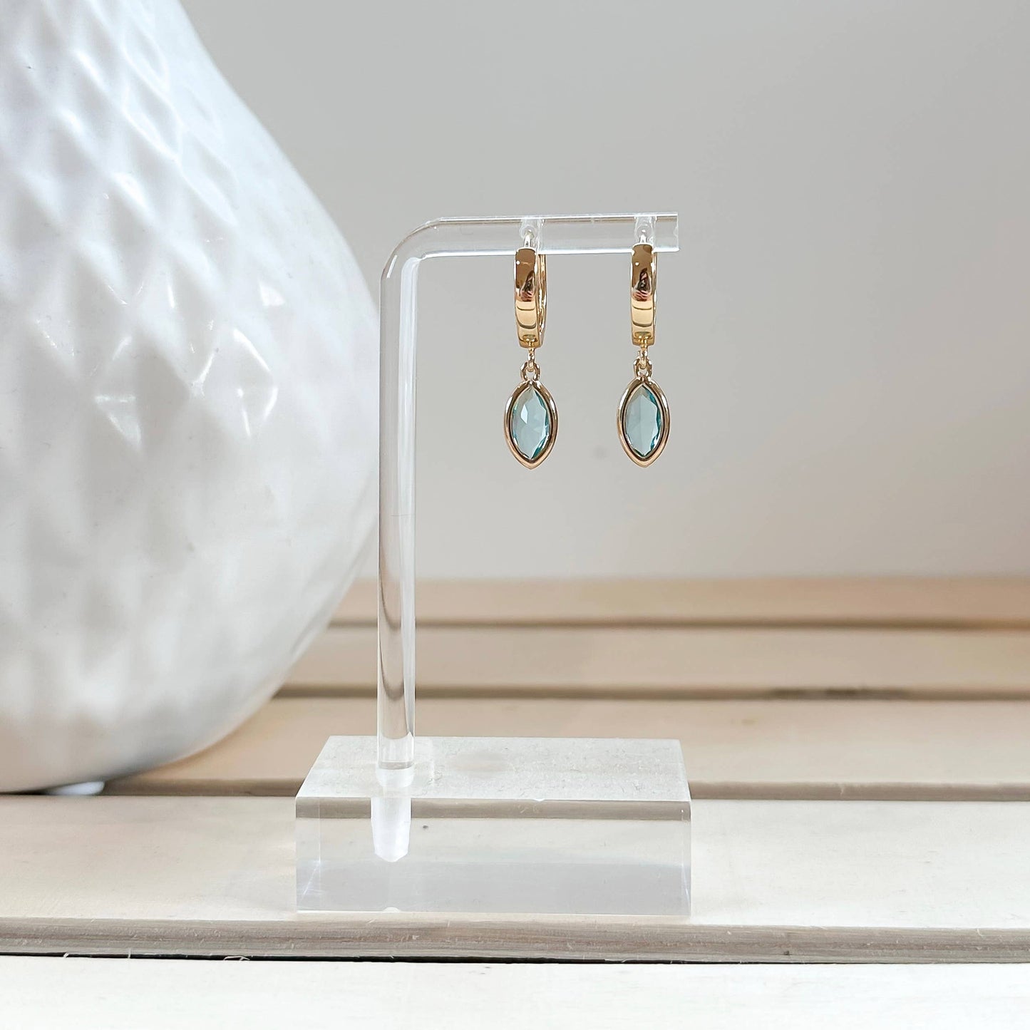 Gold Plated Huggie with Charm - Light Blue Crystal
