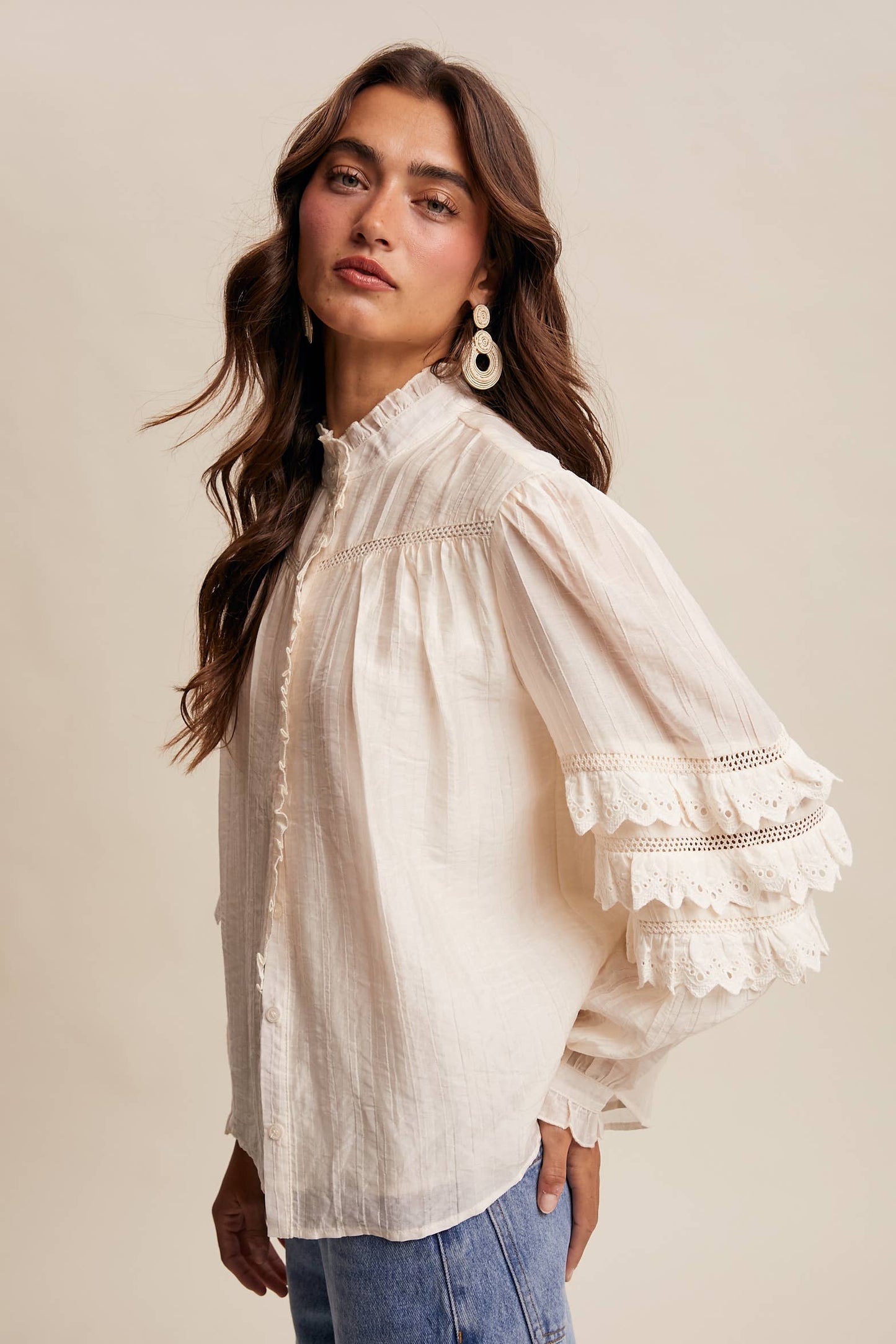 ELIZABETH- Lace Ruffle Sleeve Pintuck Blouse