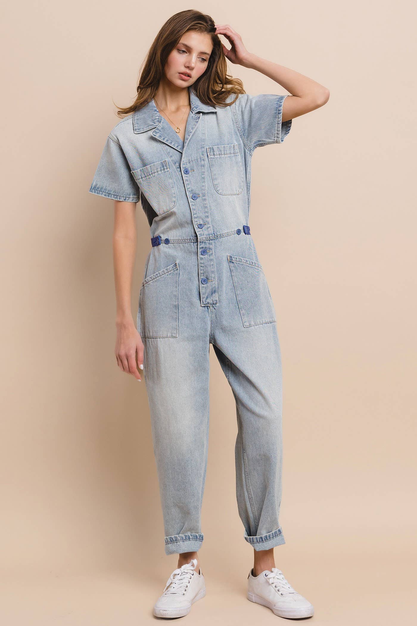 ROXANNE: Light Wash Denim Utility Jumpsuit