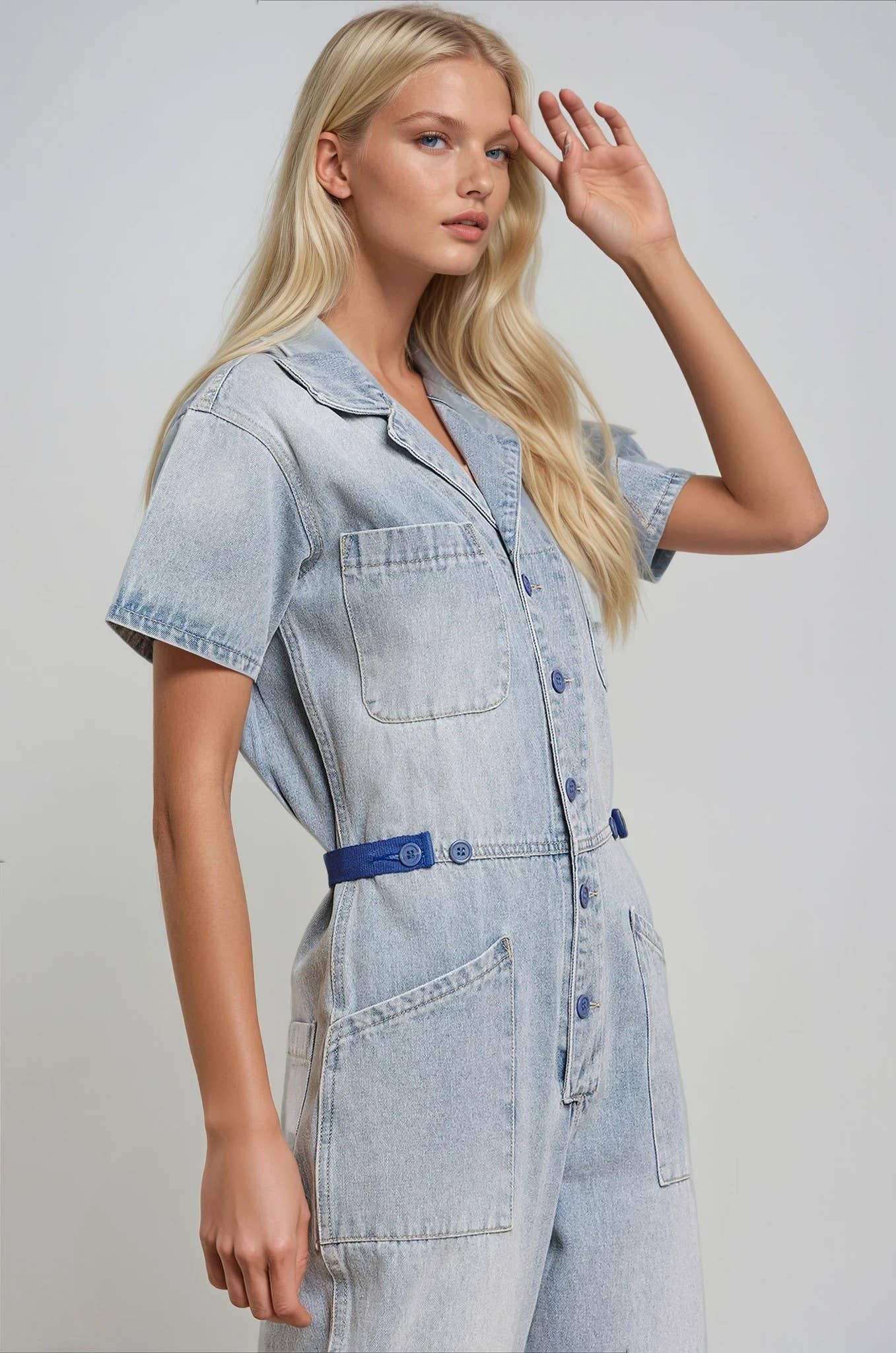 ROXANNE: Light Wash Denim Utility Jumpsuit