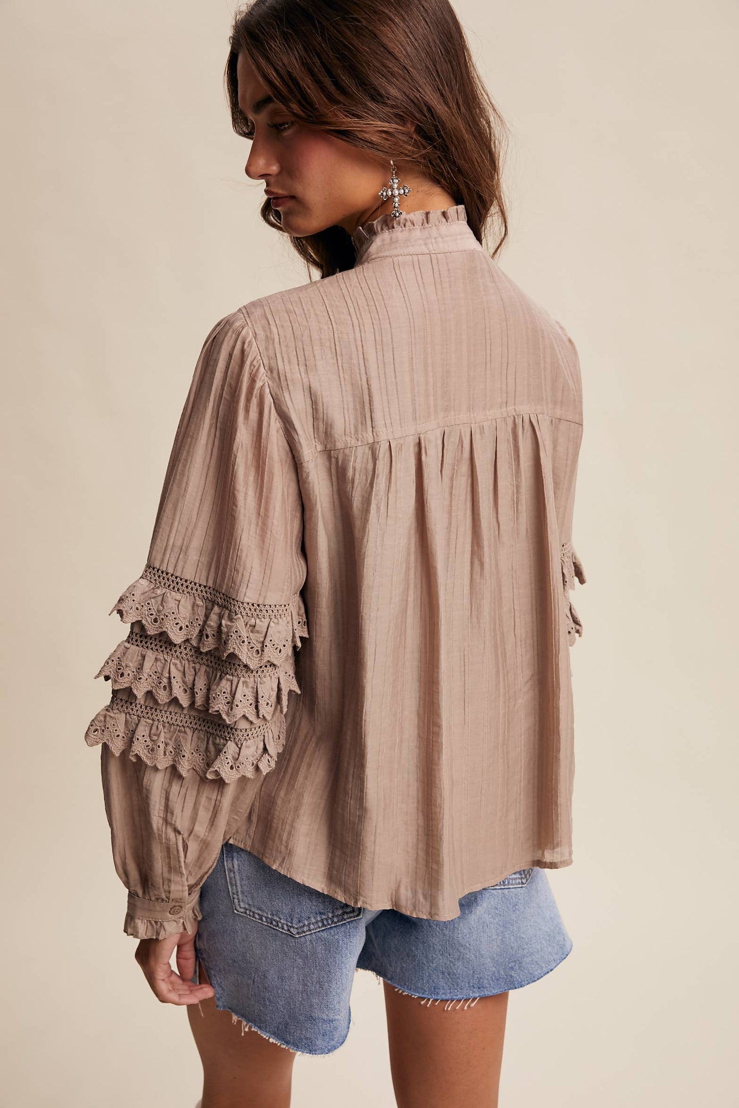 ELIZABETH- Lace Ruffle Sleeve Pintuck Blouse