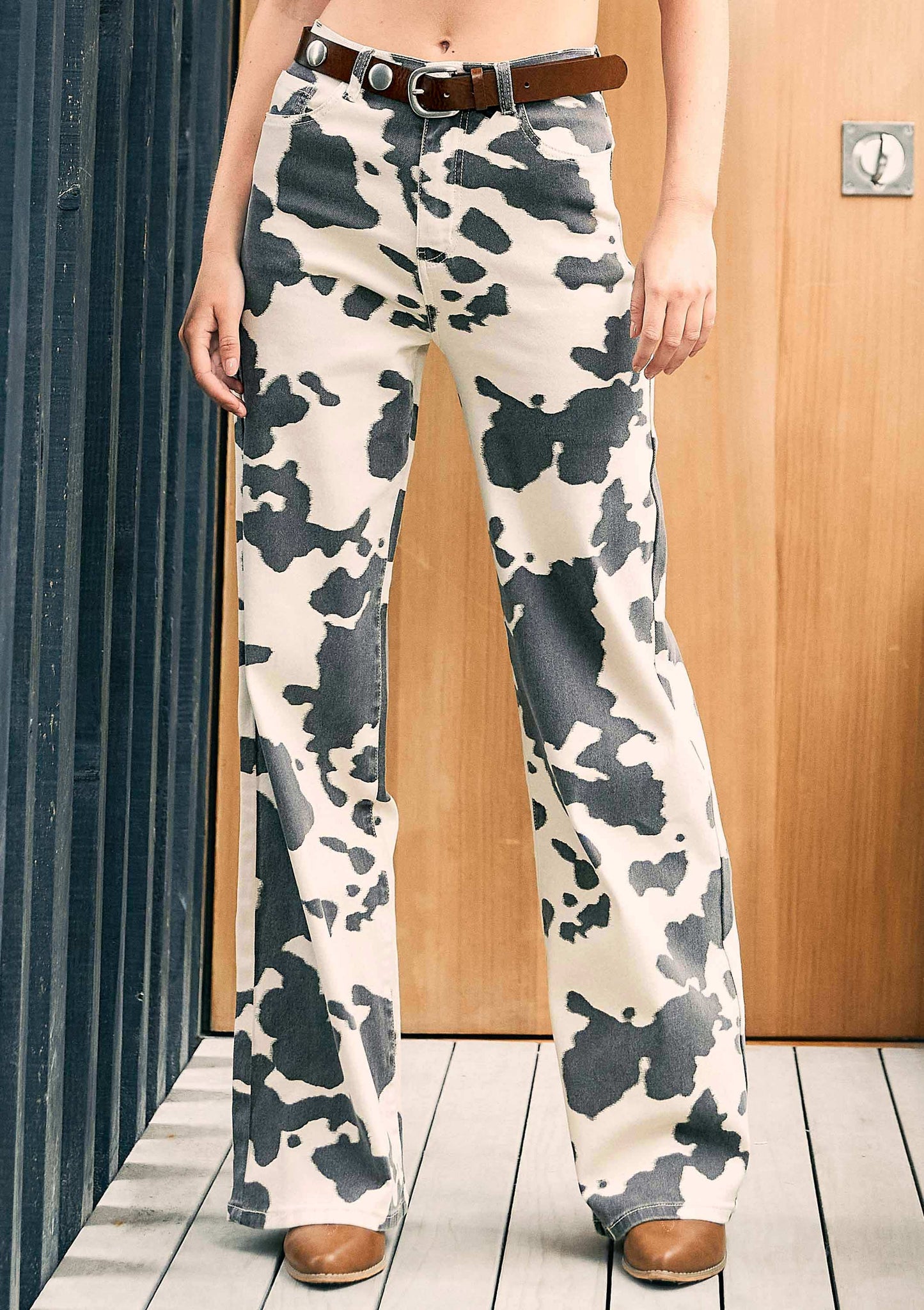 BETH: Cow Print Wide Leg Jeans