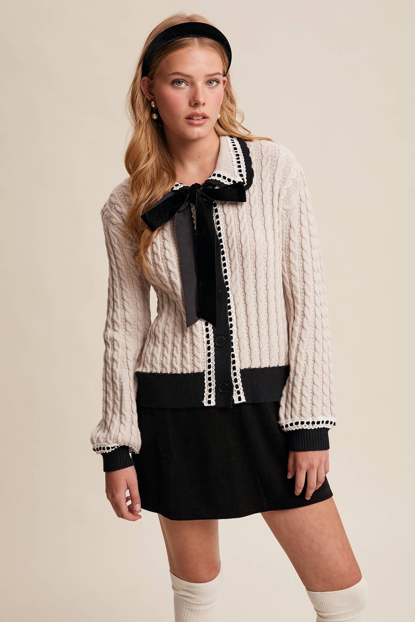 BLAIR: Cable Knit Cardigan with Velvet Bow Details