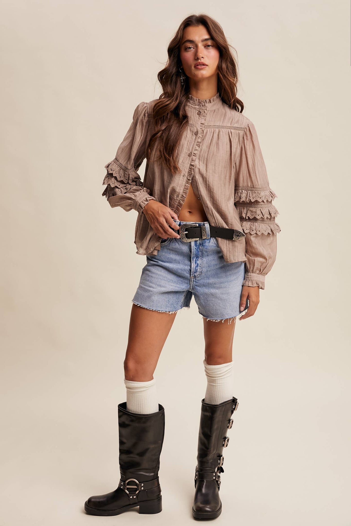 ELIZABETH- Lace Ruffle Sleeve Pintuck Blouse
