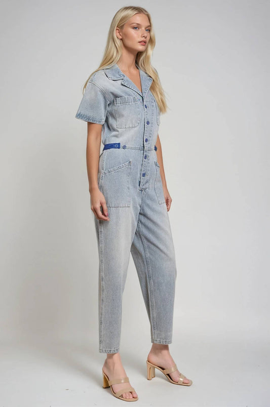 ROXANNE: Light Wash Denim Utility Jumpsuit