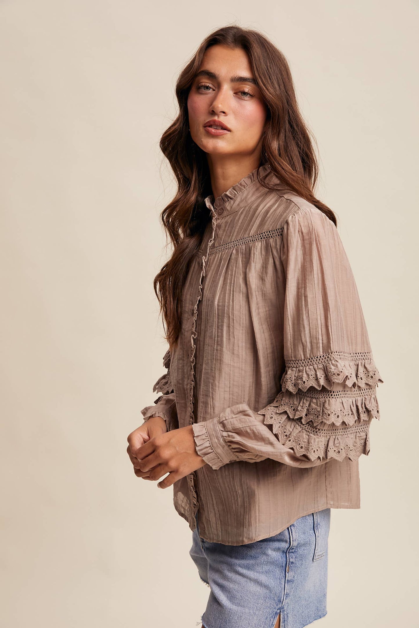 ELIZABETH- Lace Ruffle Sleeve Pintuck Blouse