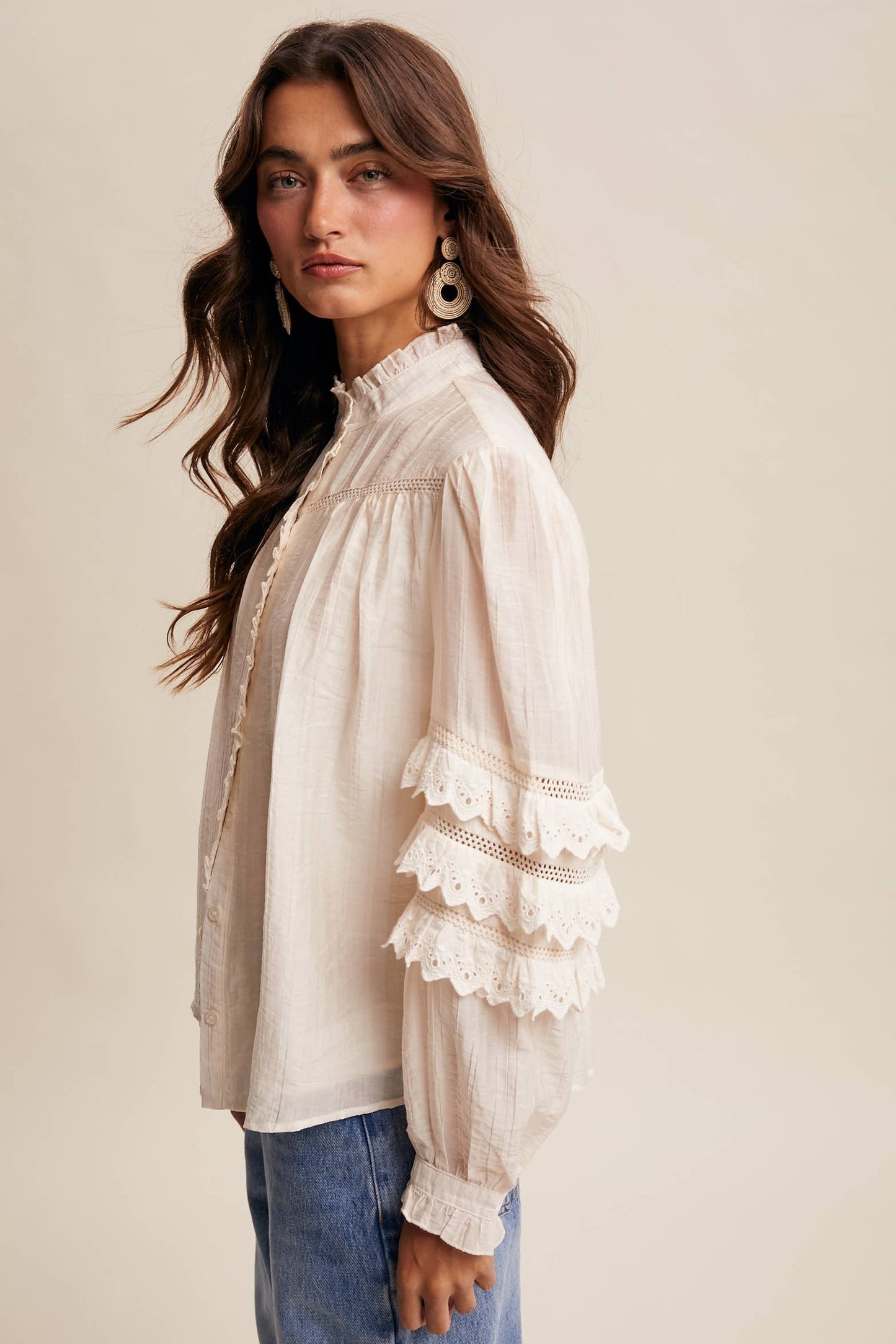 ELIZABETH- Lace Ruffle Sleeve Pintuck Blouse