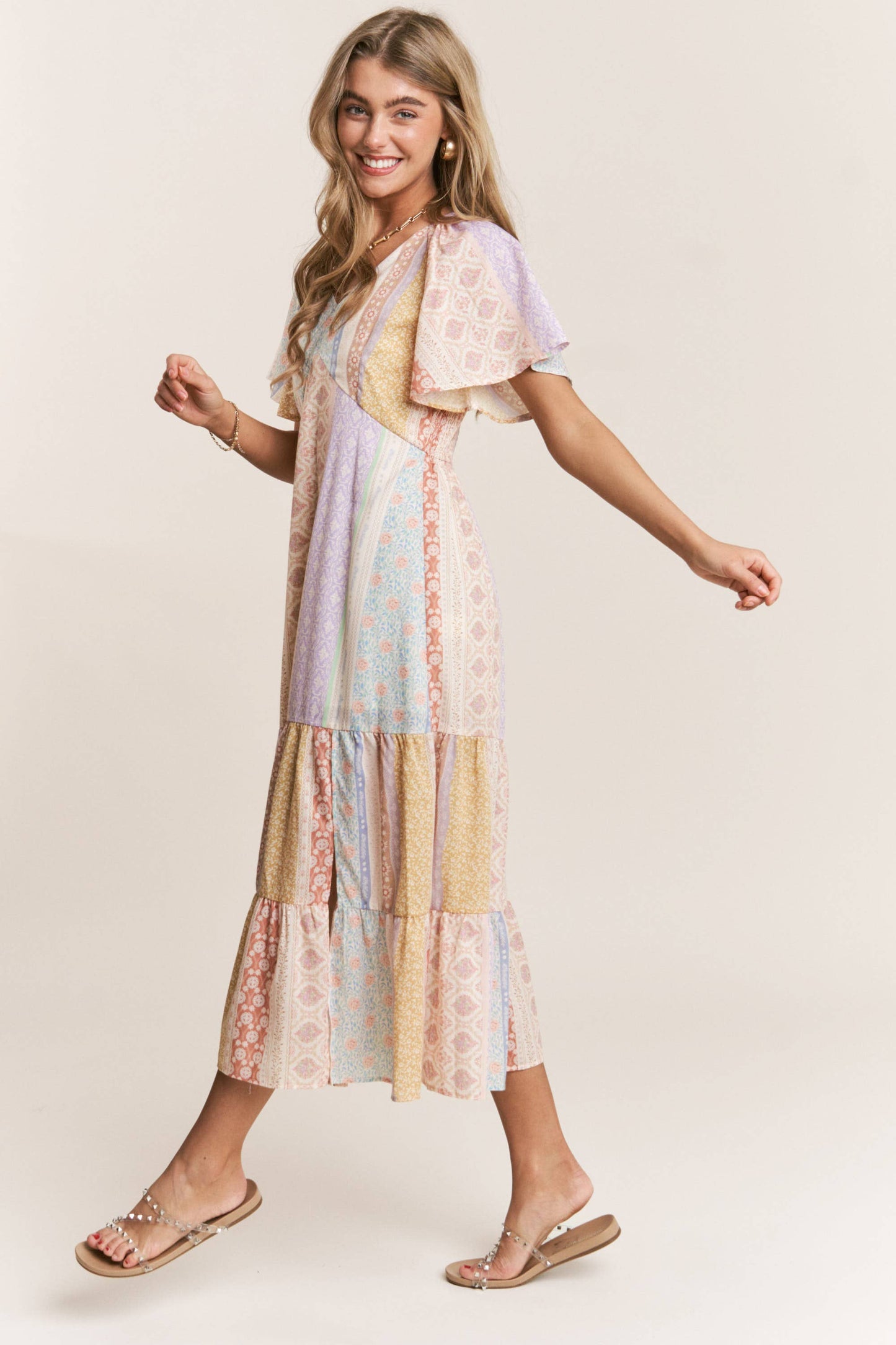 Patch-work V-neck Midi Dress