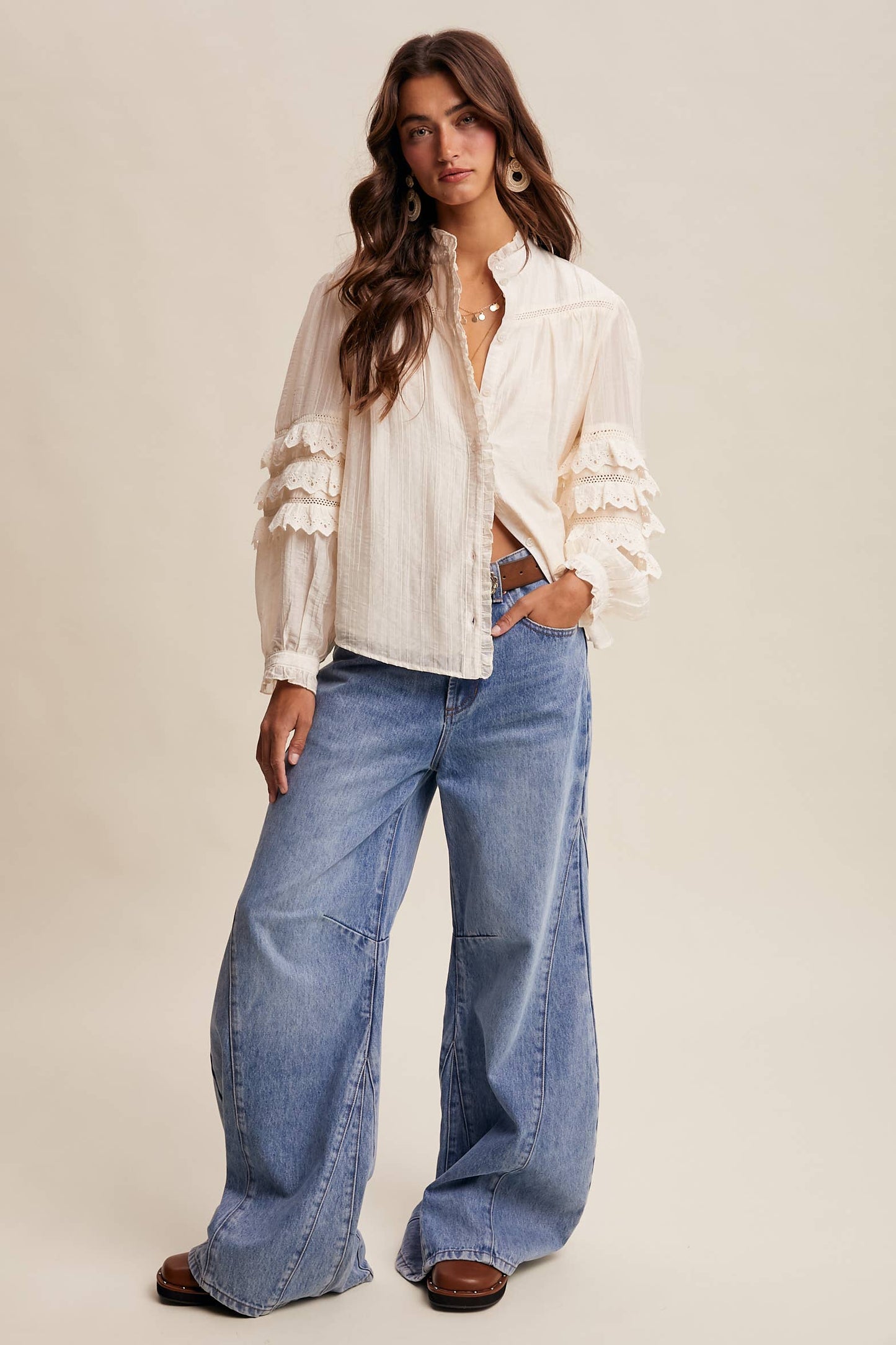 ELIZABETH- Lace Ruffle Sleeve Pintuck Blouse