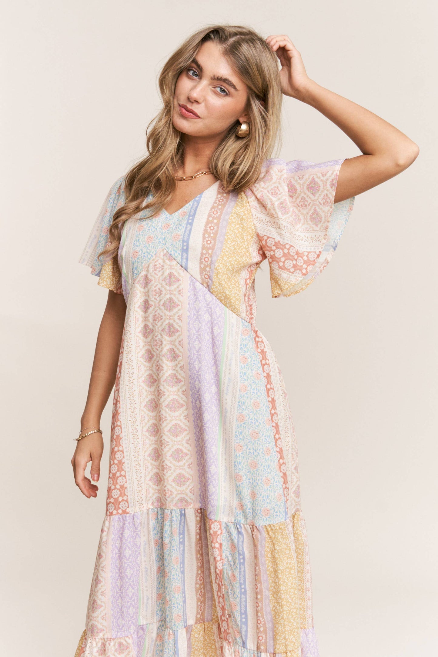 Patch-work V-neck Midi Dress
