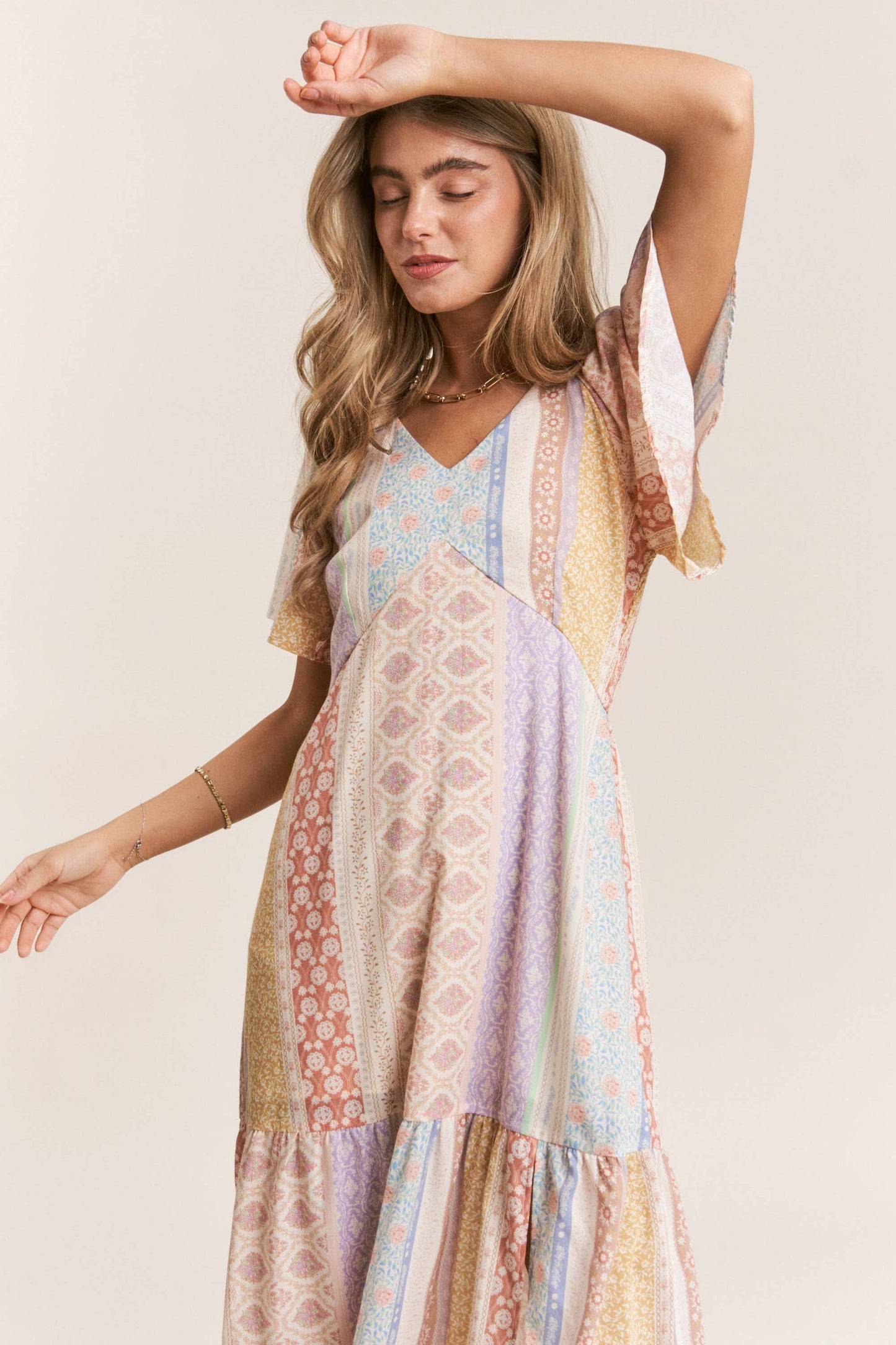 Patch-work V-neck Midi Dress