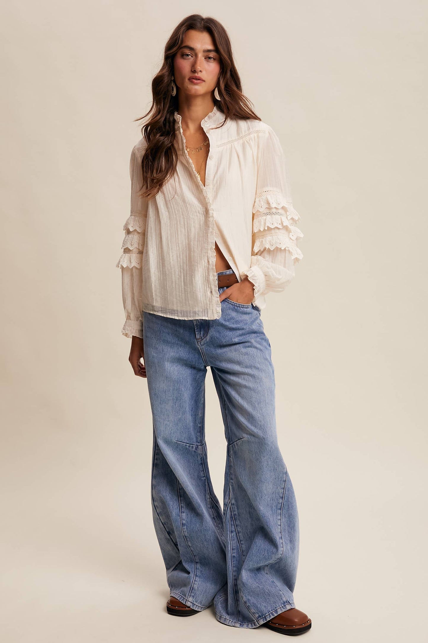 ELIZABETH- Lace Ruffle Sleeve Pintuck Blouse