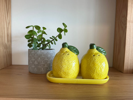 Lemon Salt and Pepper Shakers on tray