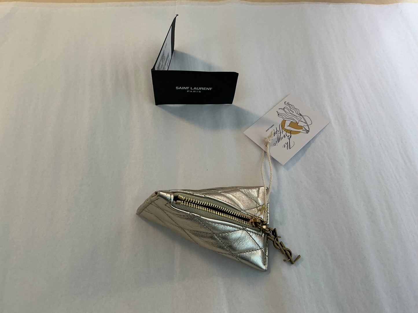 YSL Triangle Keychain Key Pouch Quilted Leather, Silver/Champagne