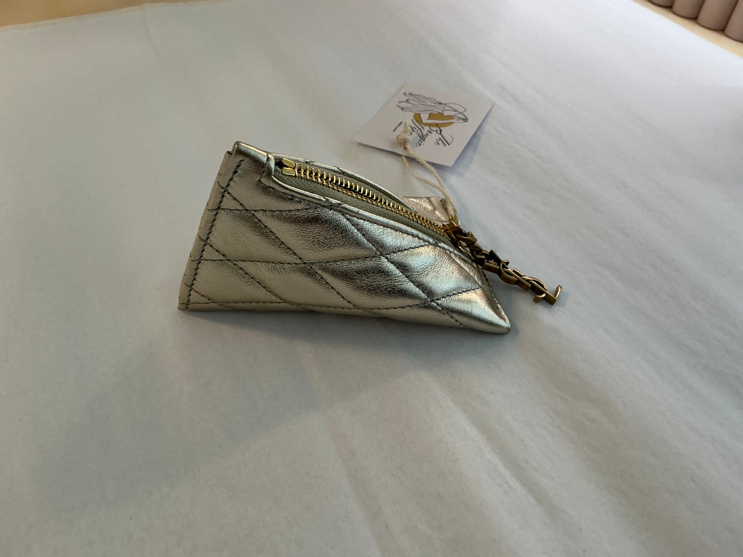 YSL Triangle Keychain Key Pouch Quilted Leather, Silver/Champagne