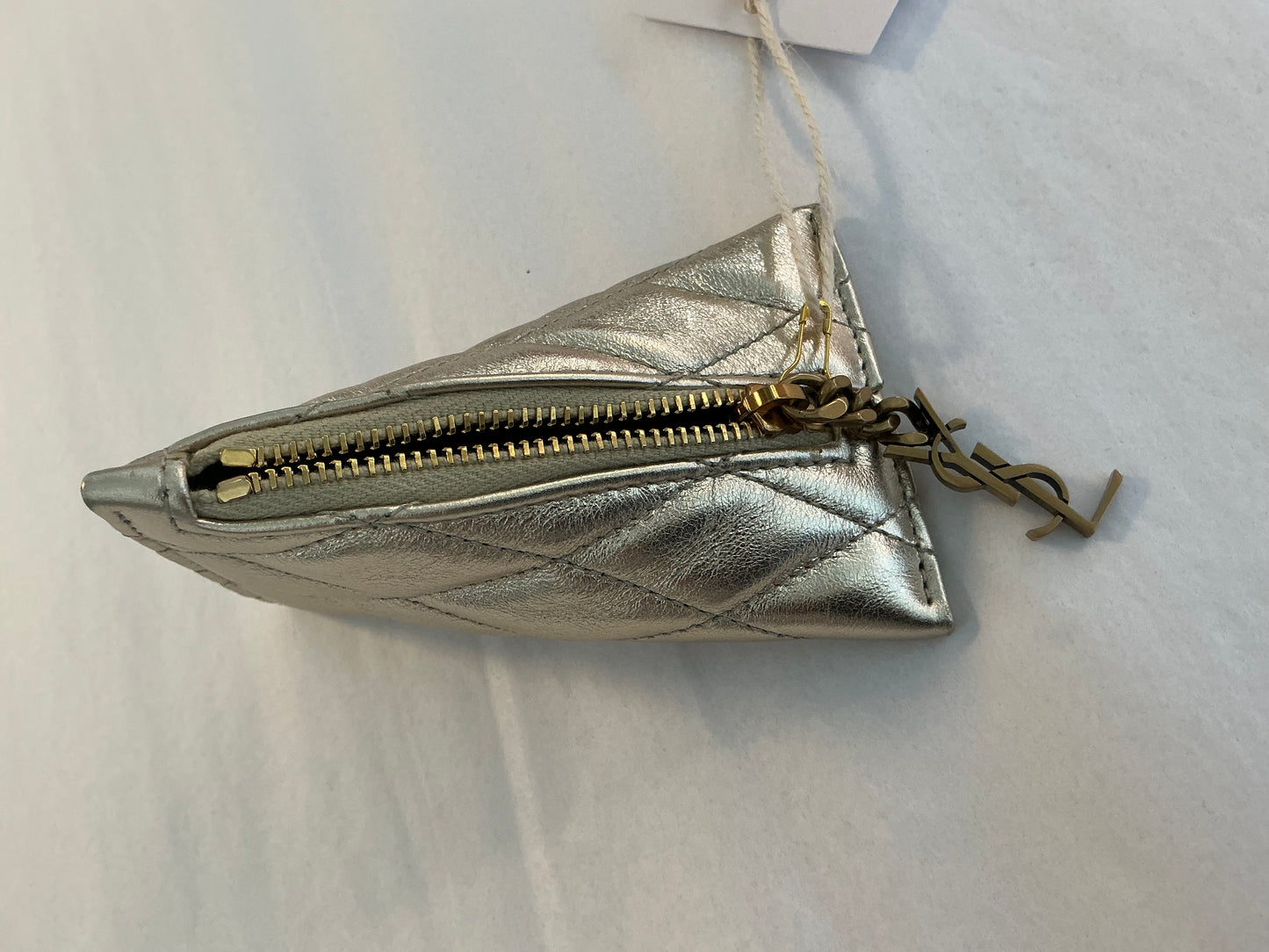 YSL Triangle Keychain Key Pouch Quilted Leather, Silver/Champagne