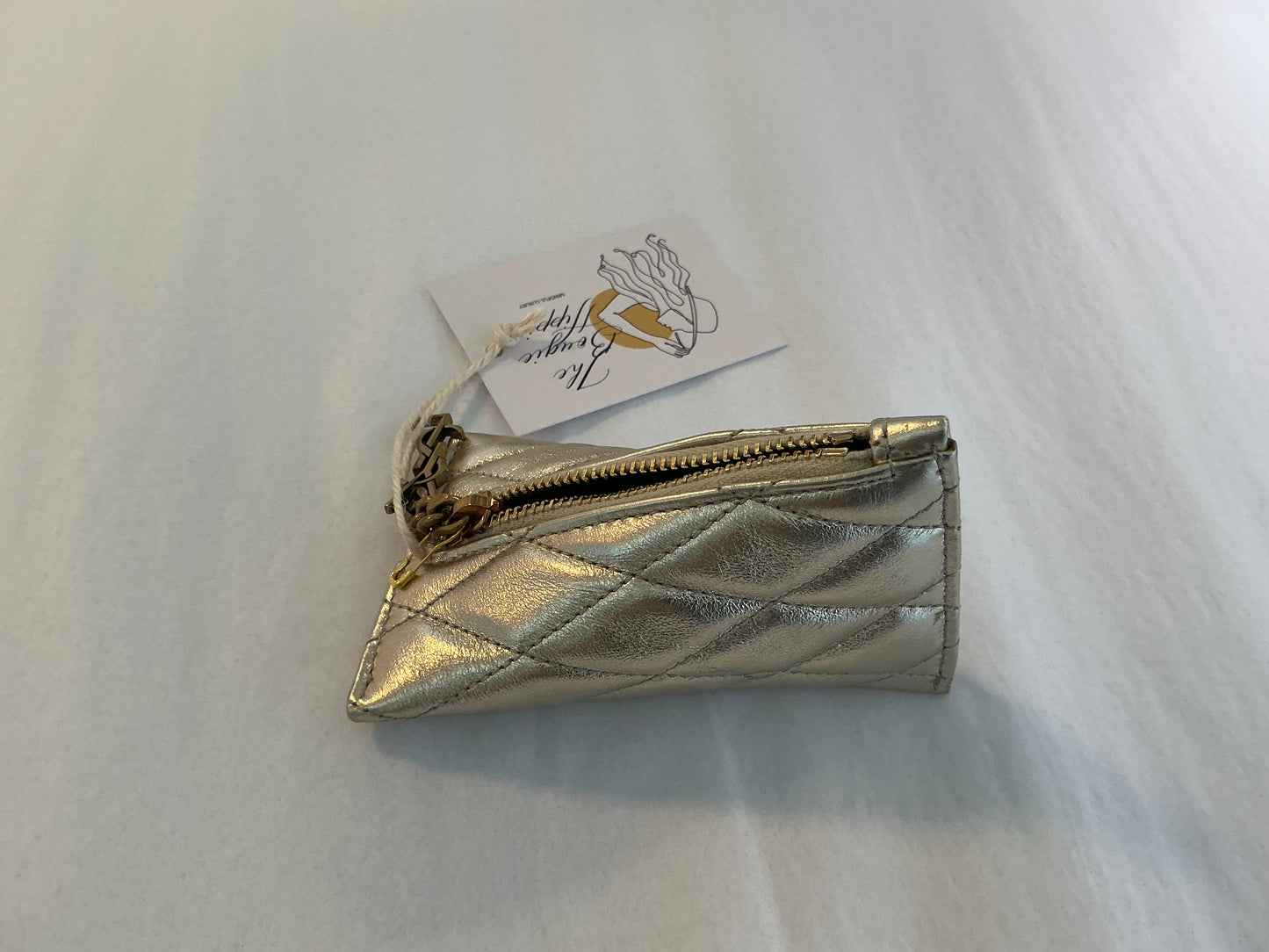 YSL Triangle Keychain Key Pouch Quilted Leather, Silver/Champagne