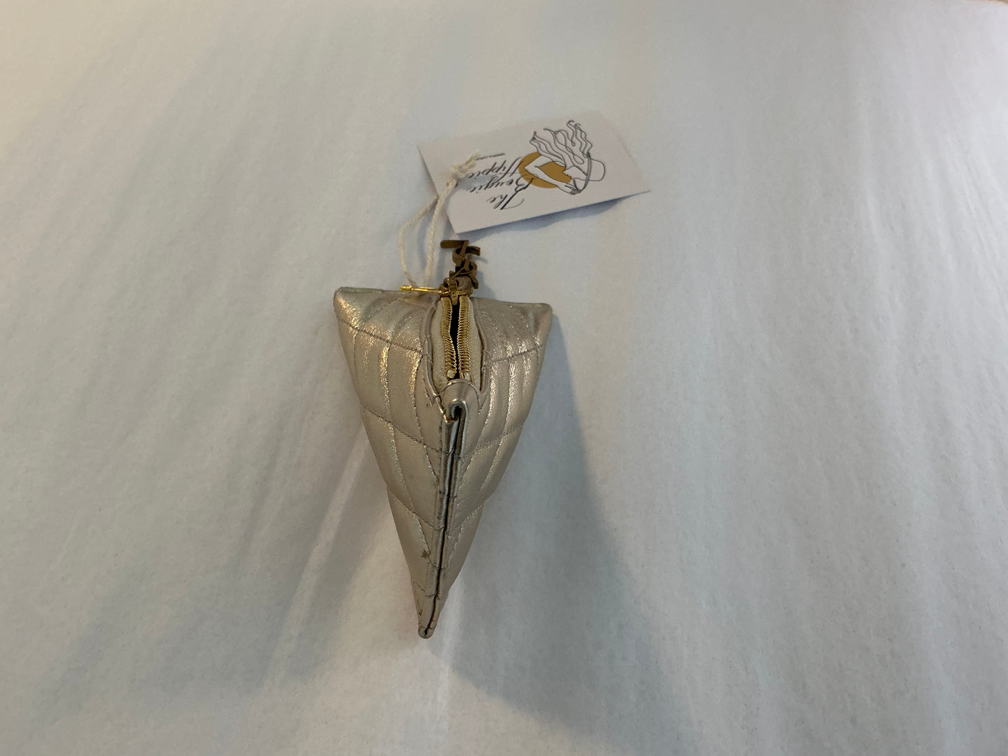 YSL Triangle Keychain Key Pouch Quilted Leather, Silver/Champagne