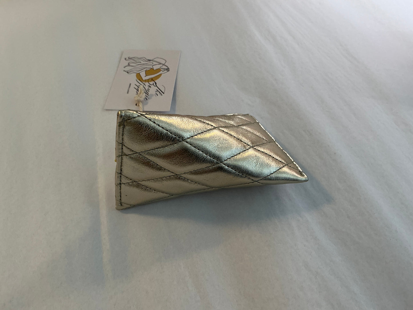 YSL Triangle Keychain Key Pouch Quilted Leather, Silver/Champagne