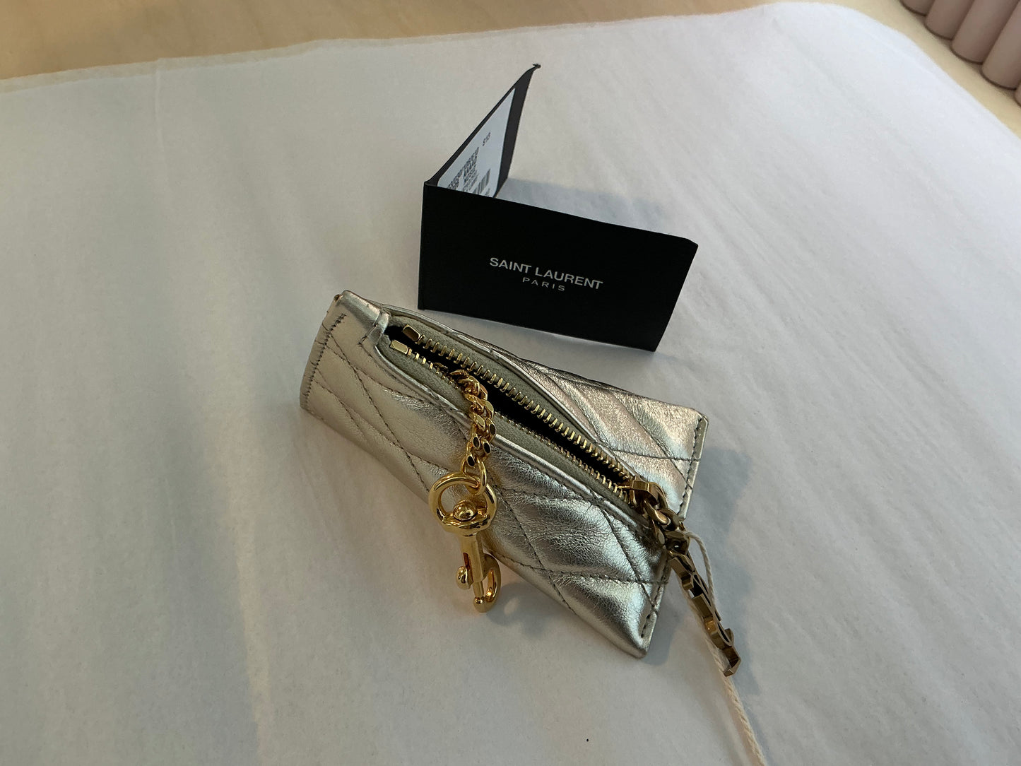 YSL Triangle Keychain Key Pouch Quilted Leather, Silver/Champagne