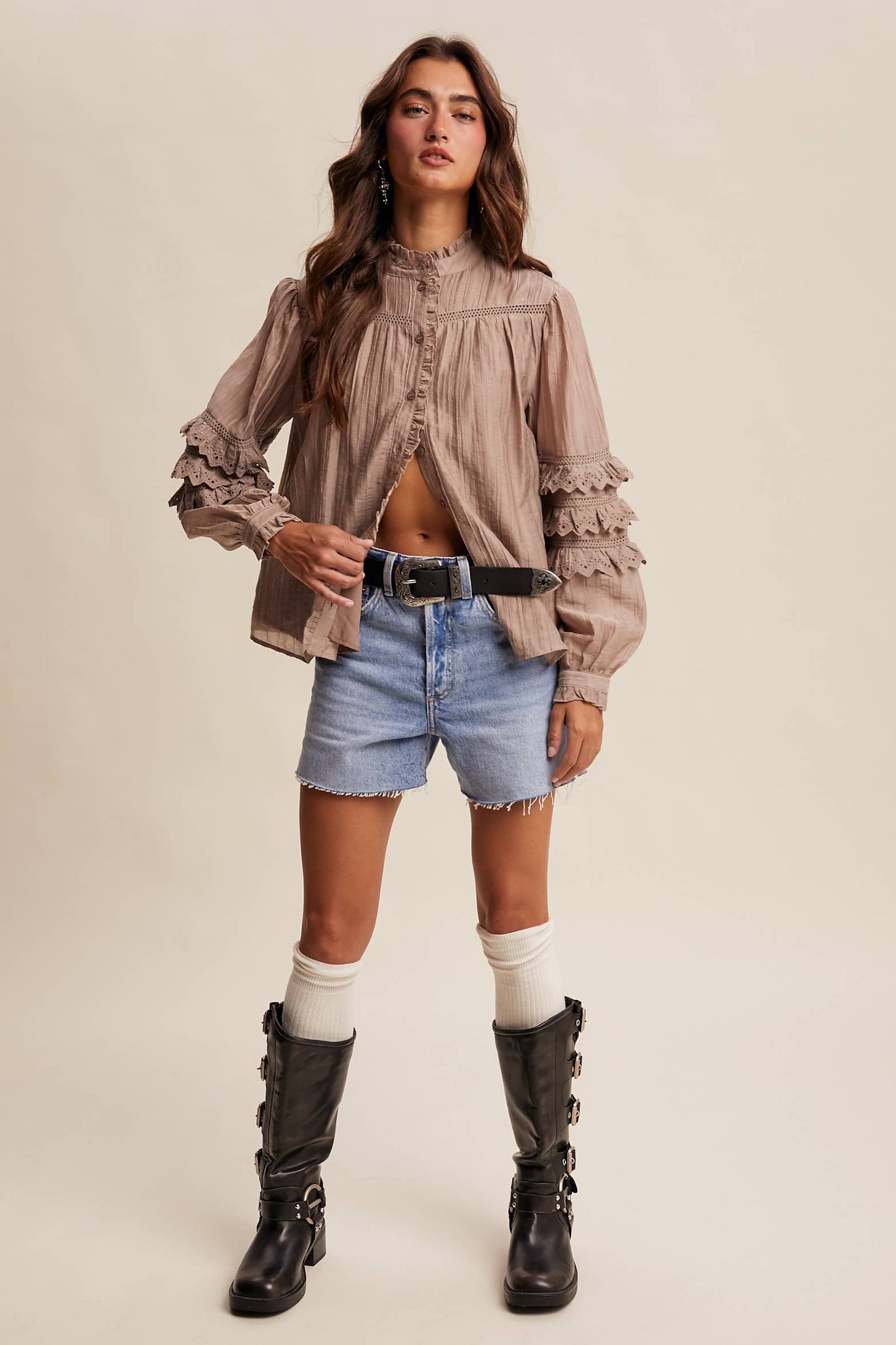 ELIZABETH- Lace Ruffle Sleeve Pintuck Blouse