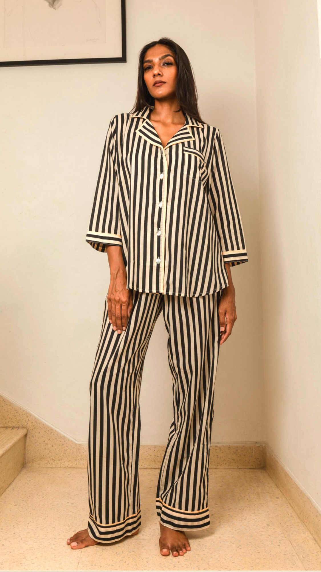 ELA: 3/4 Sleeve PJ set - BW Stripes