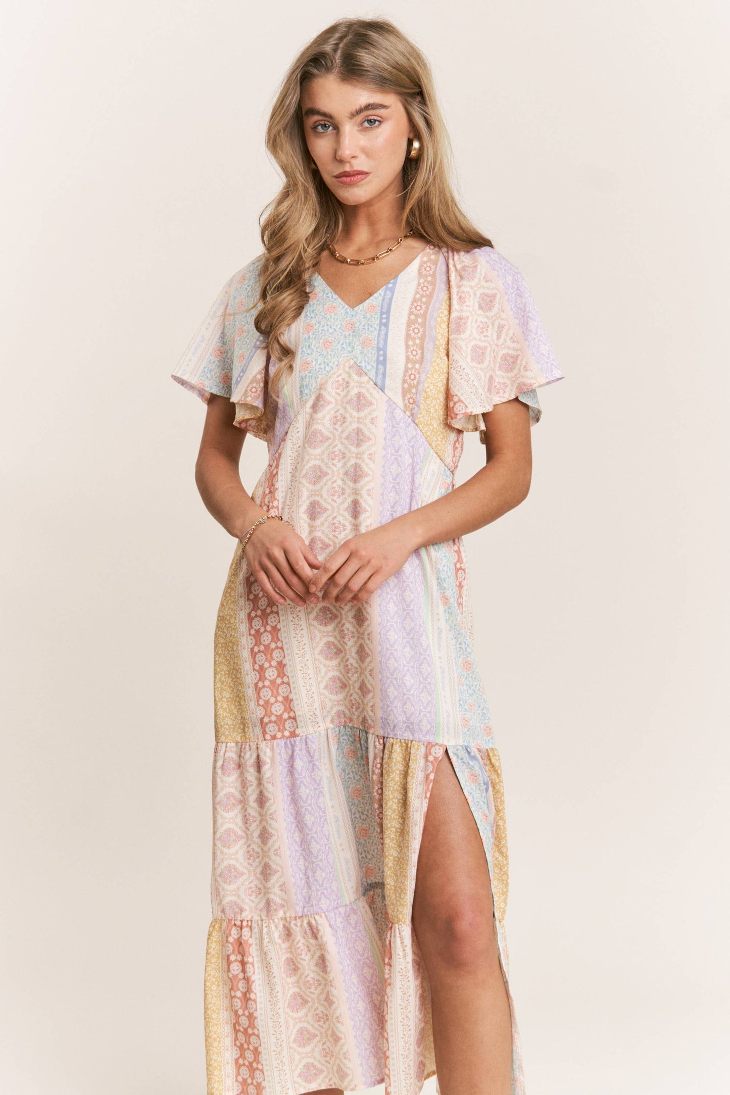 Patch-work V-neck Midi Dress
