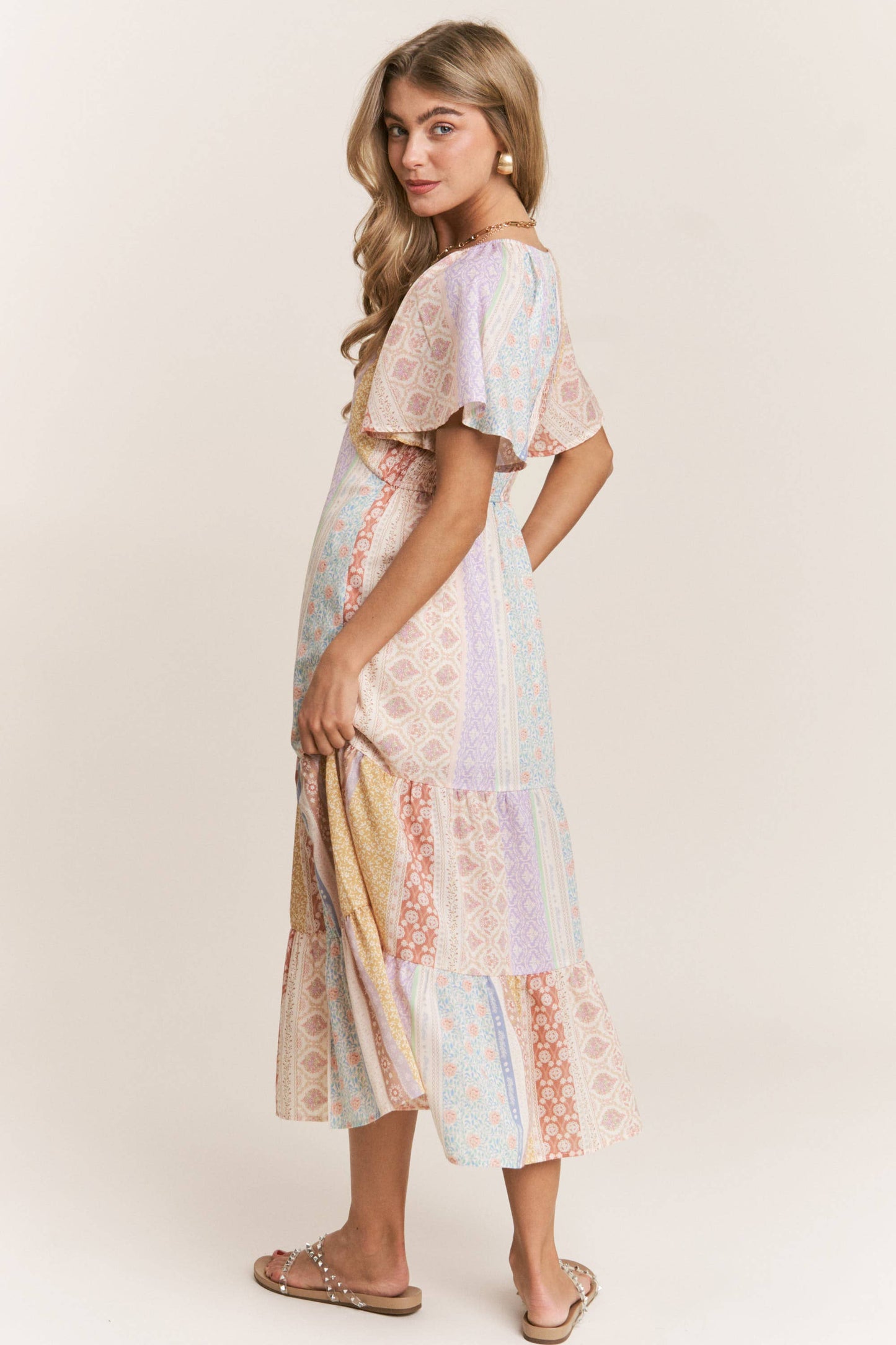 Patch-work V-neck Midi Dress