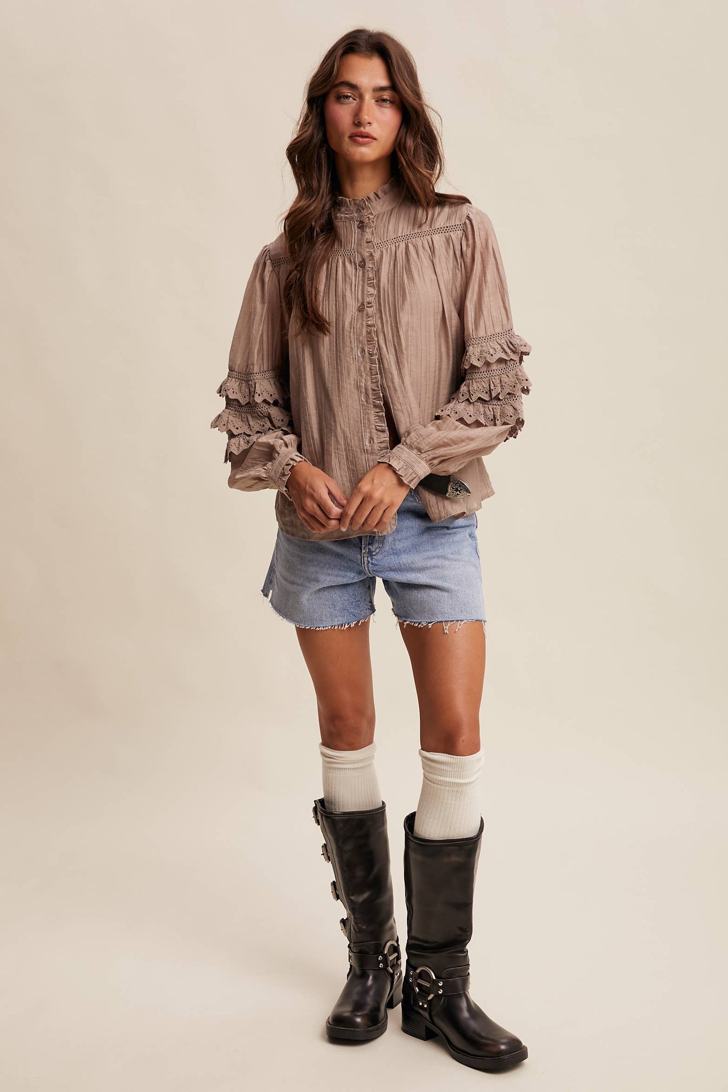ELIZABETH- Lace Ruffle Sleeve Pintuck Blouse