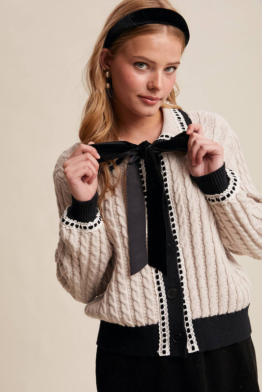 BLAIR: Cable Knit Cardigan with Velvet Bow Details