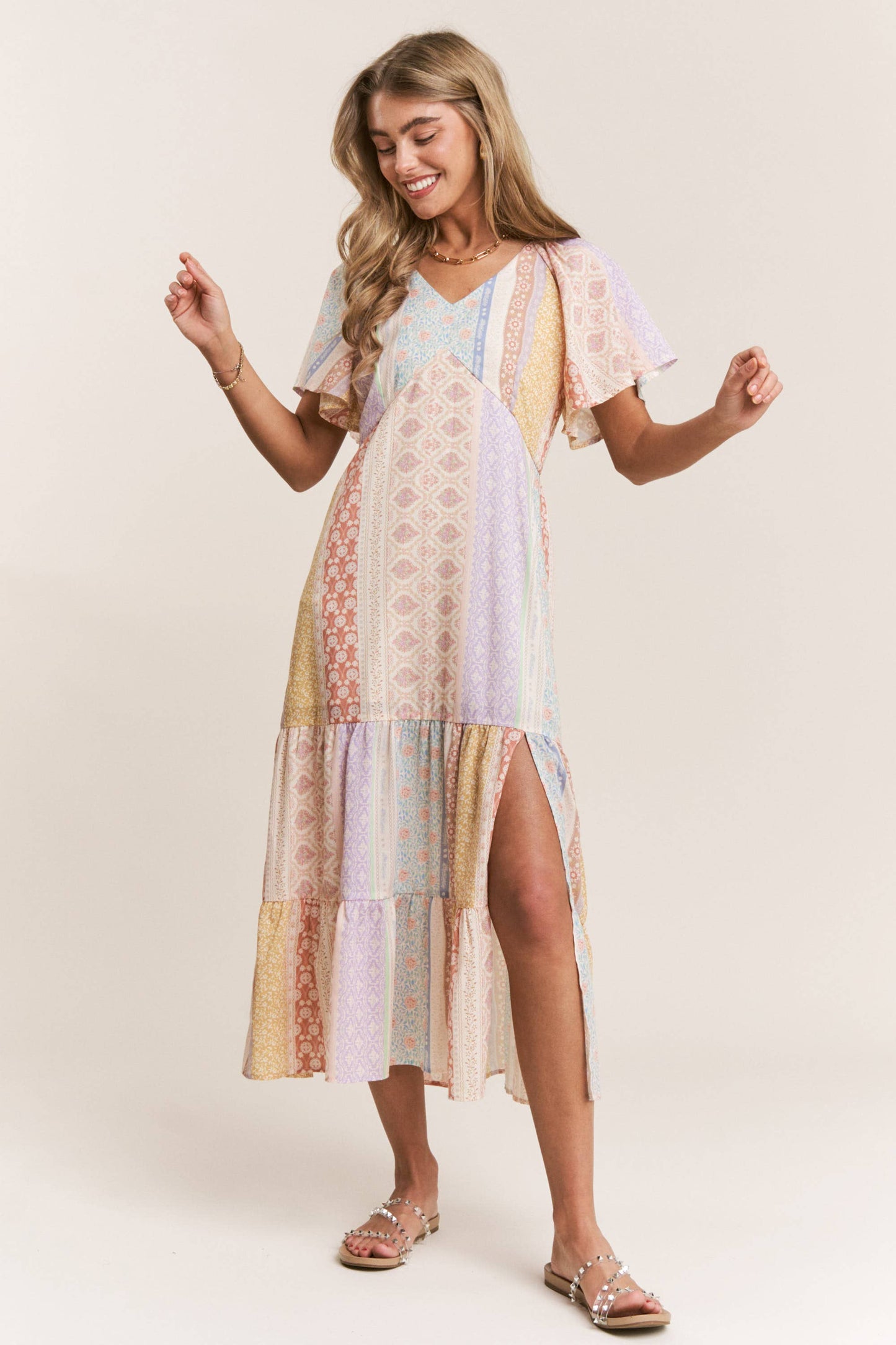 Patch-work V-neck Midi Dress