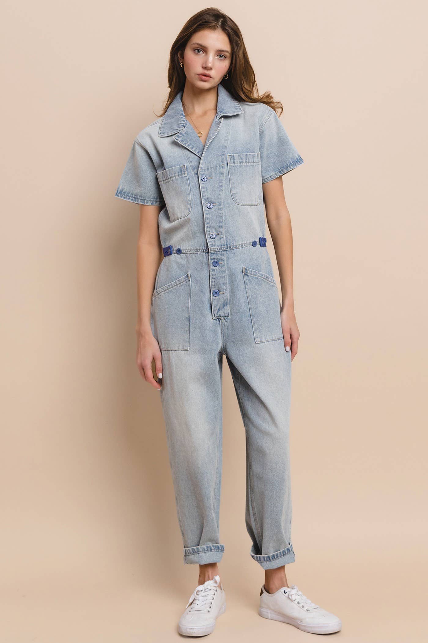 ROXANNE: Light Wash Denim Utility Jumpsuit