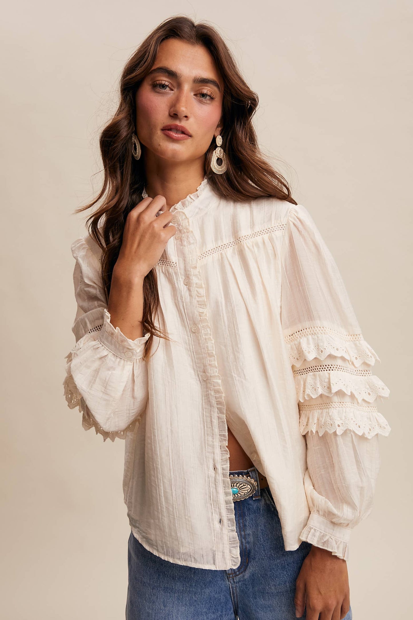 ELIZABETH- Lace Ruffle Sleeve Pintuck Blouse