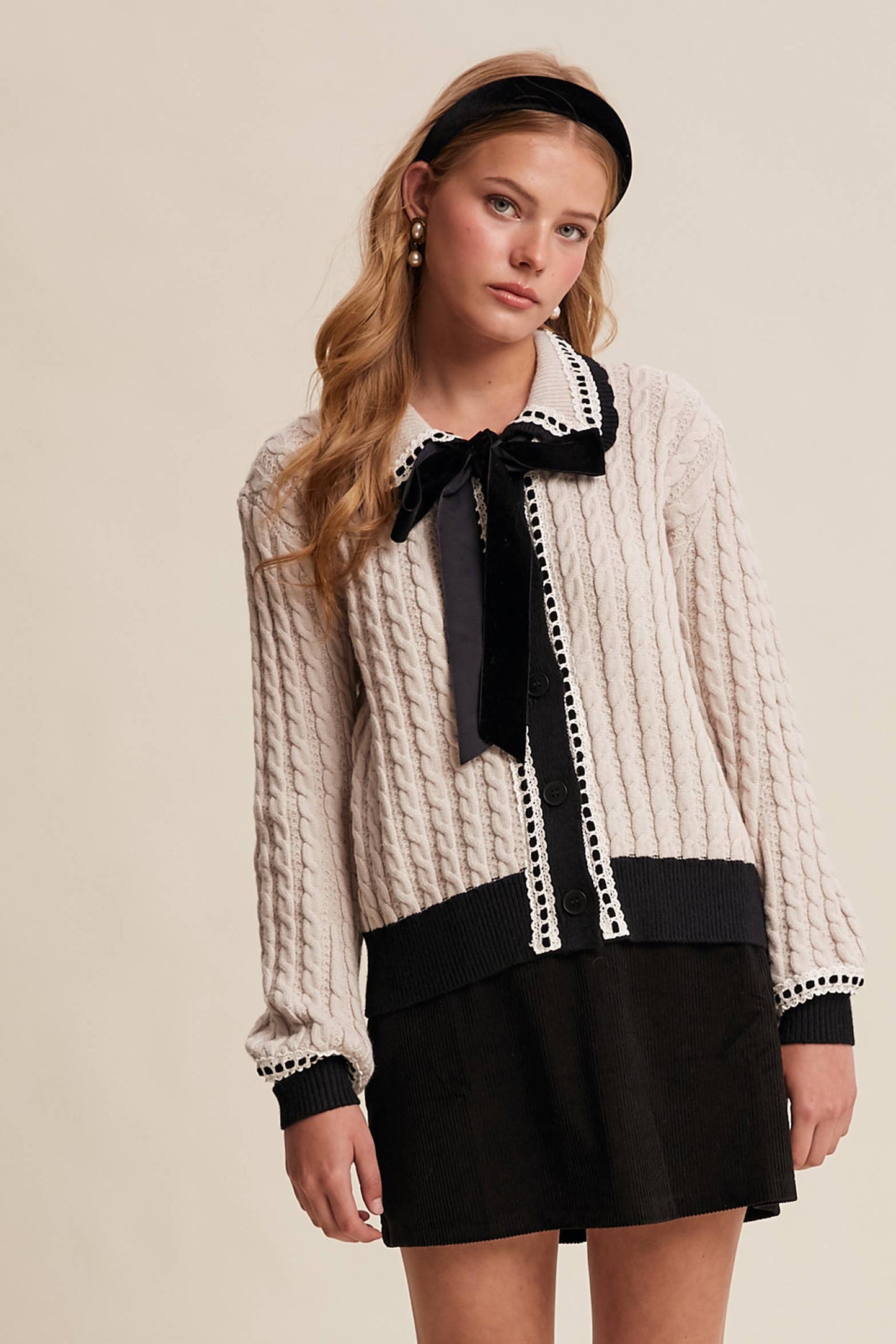 BLAIR: Cable Knit Cardigan with Velvet Bow Details