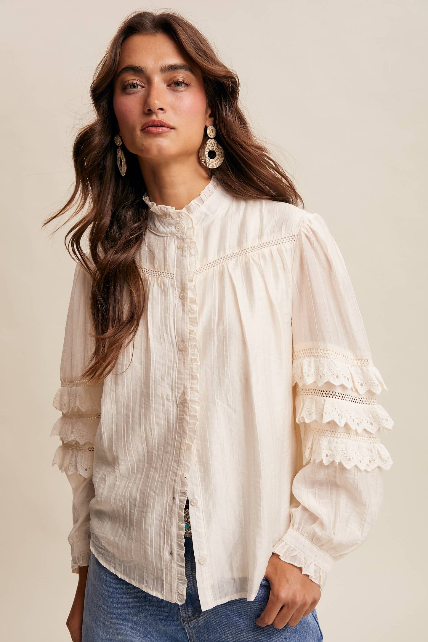 ELIZABETH- Lace Ruffle Sleeve Pintuck Blouse