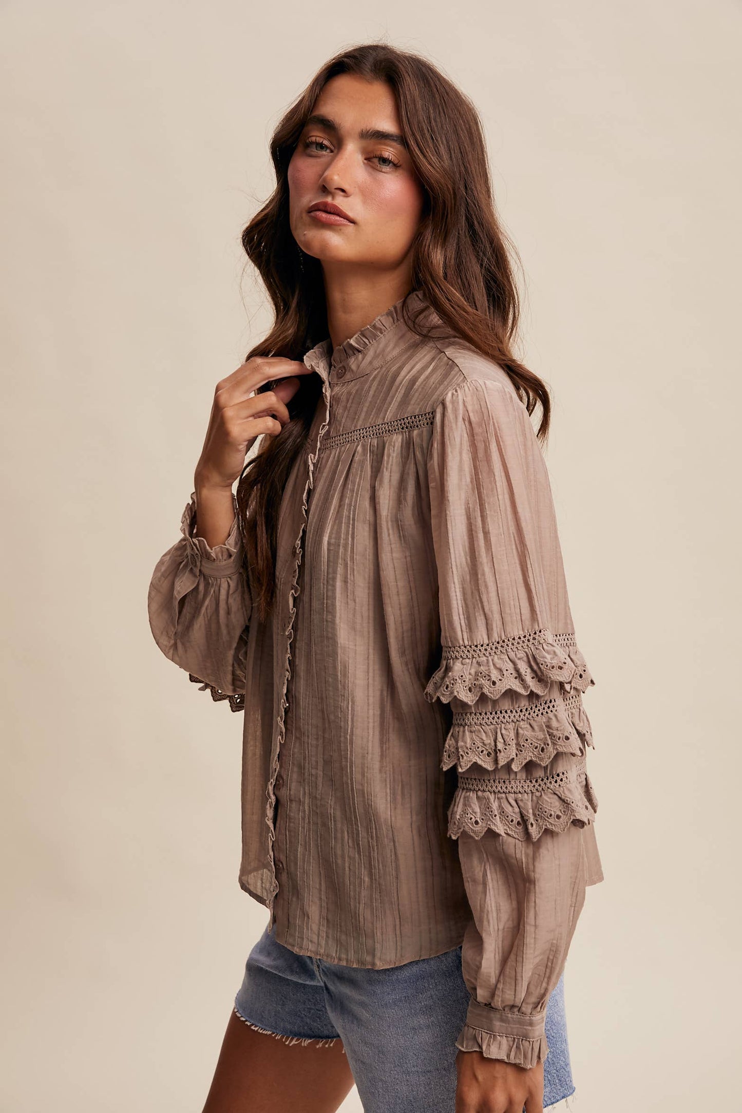 ELIZABETH- Lace Ruffle Sleeve Pintuck Blouse