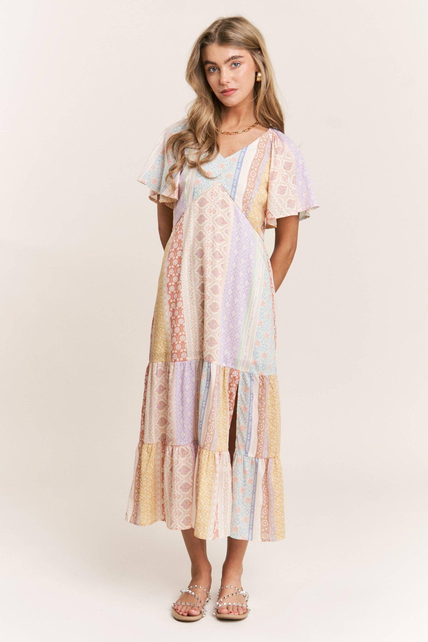 Patch-work V-neck Midi Dress