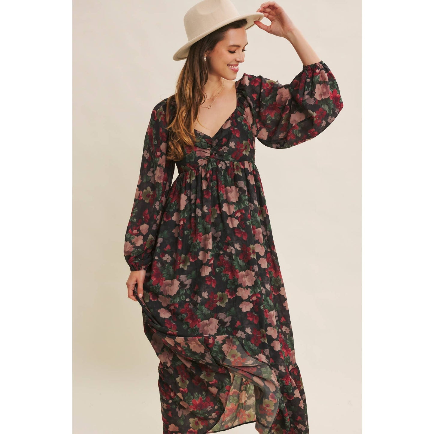KOURTNEY- Floral Maxi Smocked Dress