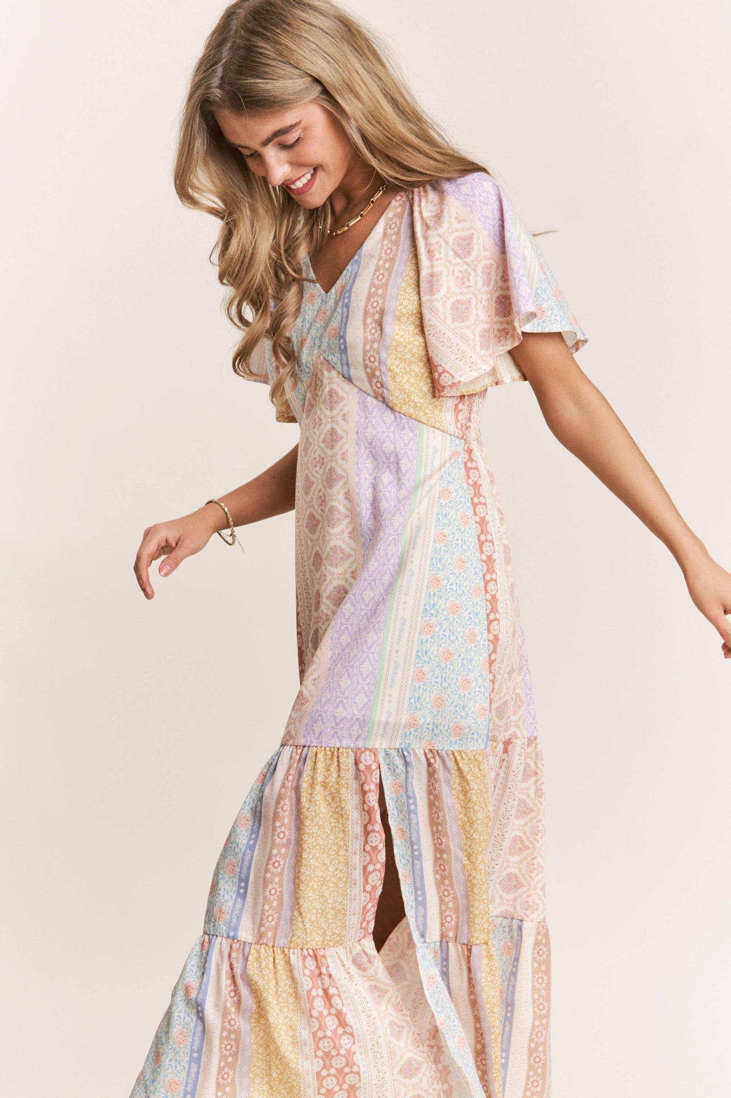 Patch-work V-neck Midi Dress