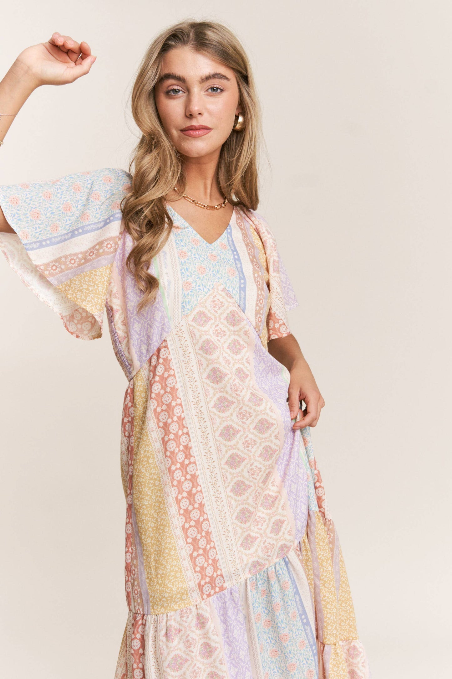Patch-work V-neck Midi Dress