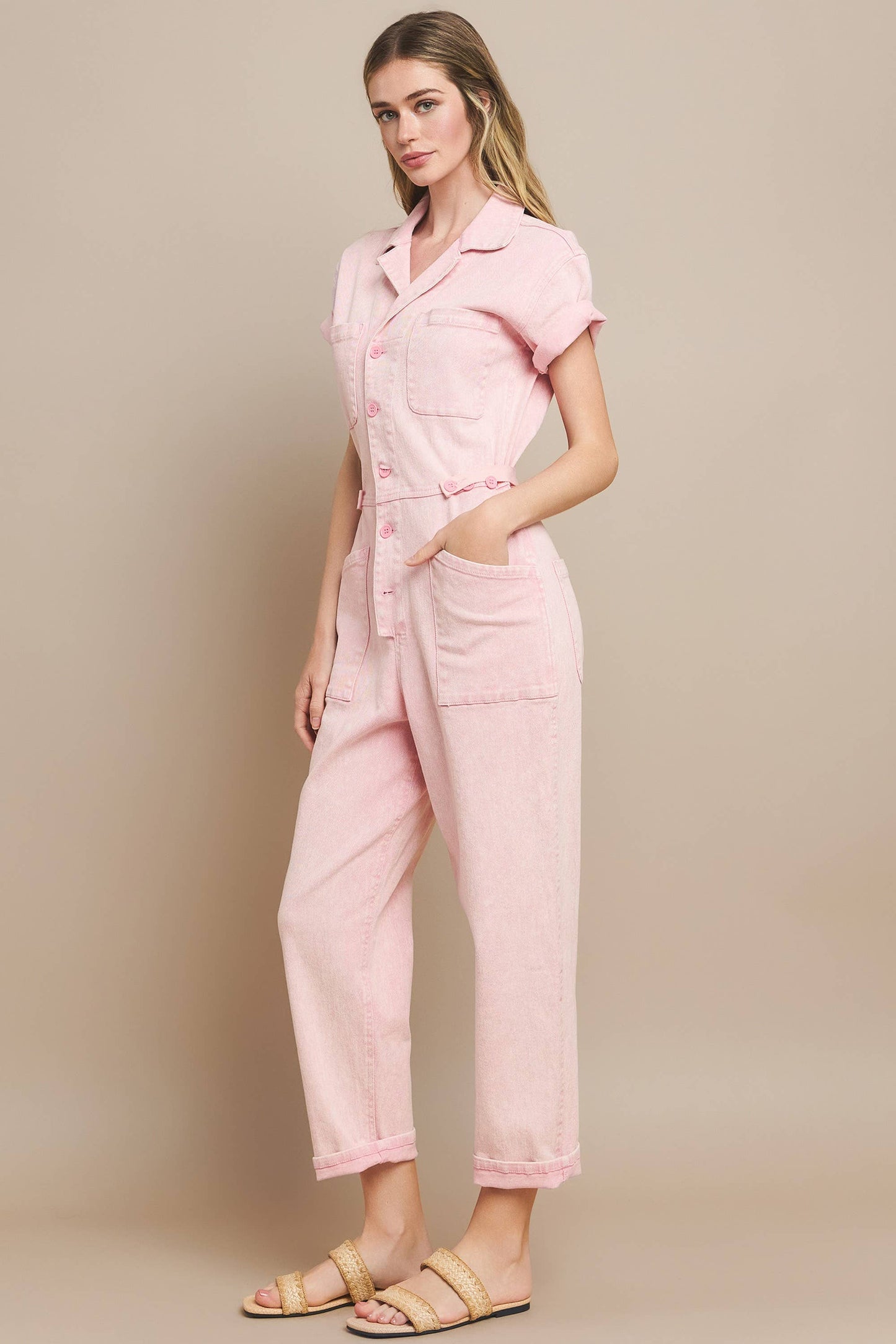 ROXANNE: Acid Wash Jumpsuit: Rose